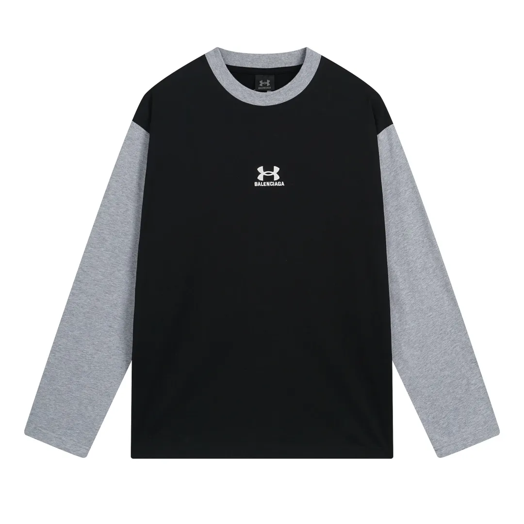 🅿️230 Real photos [Top version. Official website quality] BALENCI*GA/Paris joint Under Armor front and back embroidered color-blocked long-sleeved T-shirt # SS24 latest model. The first genuine product is developed in a timely manner and has great market currency. Comparisons welcome. The fabric is made of Paris ZP custom-woven and dyed cotton double yarn. Weighing 260 grams, the cloth surface is clean. The cloth pattern is clear, soft and comfortable. The threads are dyed with no color difference. The classic LOGO pattern embroidery is embroidered by Tajima imported machine. The letters are clear, three-dimensional and without burrs. Jubie market produces pictures based on pictures. Welcome to compare. The version adopts OS loose shoulder design. Same style for men and women. Code: BL225055 Color: Black Size: XS S M L