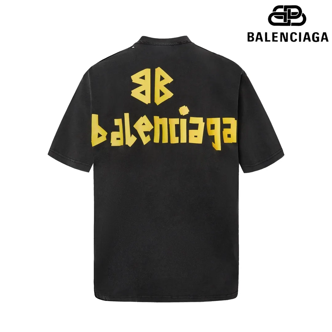 🅿️180 9110# Detailed picture Top version [[BALENCIA*GA] Official website quality Paris new yellow tape bandage digital direct spray short-sleeved T-shirt OS version Loose dropped shoulders Same style for men and women Fabric: 260 grams 100% cotton double yarn Process: Front and rear digital direct spray Garment wash Frayed Distressed Styling Solid color Color: gray blue white washed blue burgundy green black silver Rose Red Khaki Size: XS S M L