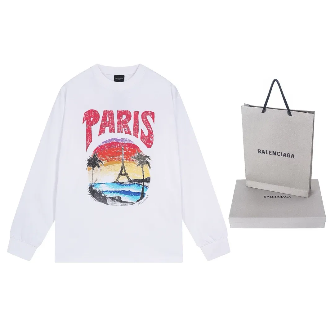 🅿️210 Real photos [Top version. Official website quality] BALENCI*GA/Paris. Long-sleeved T-shirt with Hawaiian sunset coconut palm tower LOGO pattern, brick cabinet synchronization. The fabric is made of Paris ZP custom-woven and dyed cotton sweatshirt. The weight is 260 grams, the cloth surface is clean. The cloth pattern is clear, soft and comfortable. The threads are dyed with no color difference. The classic pattern printing uses imported machine direct printing. The effect is three-dimensional and restores the brick cabinet. Different market currencies, welcome to compare. The version adopts OS loose shoulder design. Same style for men and women. Code: BL235032 Color: black, white Size: XS S M L
