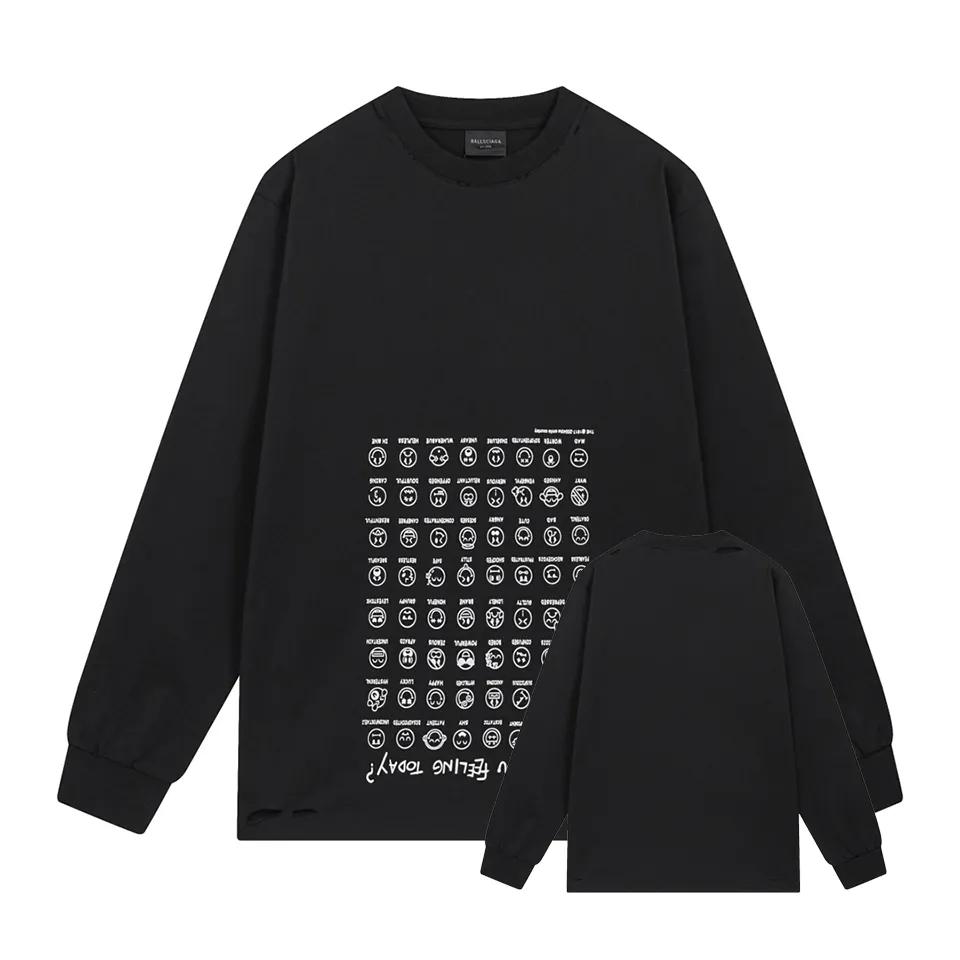 🅿️280 BALENCI*GA Paris Smiling Face Collection Printed Washed Old and Worn Long Sleeves. The fabric is made of Paris ZP custom-woven and dyed double yarn pure cotton fabric 280g. The thread is custom-woven and dyed with no color difference before and after. The printing is made of environmentally friendly imported materials. The ready-made garments are washed in multiple positions to be worn and worn. Two high-temperature styling washes. os dropped shoulders and loose version. Same style for men and women -Color: Black -SIZE: XS S M L Style number 8627#