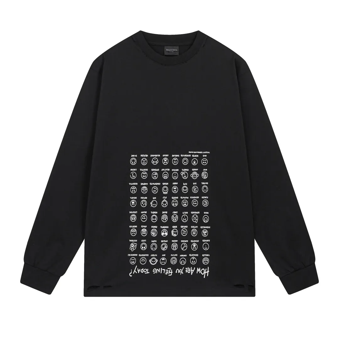 🅿️280 BALENCI*GA Paris Smiling Face Collection Printed Washed Old and Worn Long Sleeves. The fabric is made of Paris ZP custom-woven and dyed double yarn pure cotton fabric 280g. The thread is custom-woven and dyed with no color difference before and after. The printing is made of environmentally friendly imported materials. The ready-made garments are washed in multiple positions to be worn and worn. Two high-temperature styling washes. os dropped shoulders and loose version. Same style for men and women -Color: Black -SIZE: XS S M L Style number 8627#