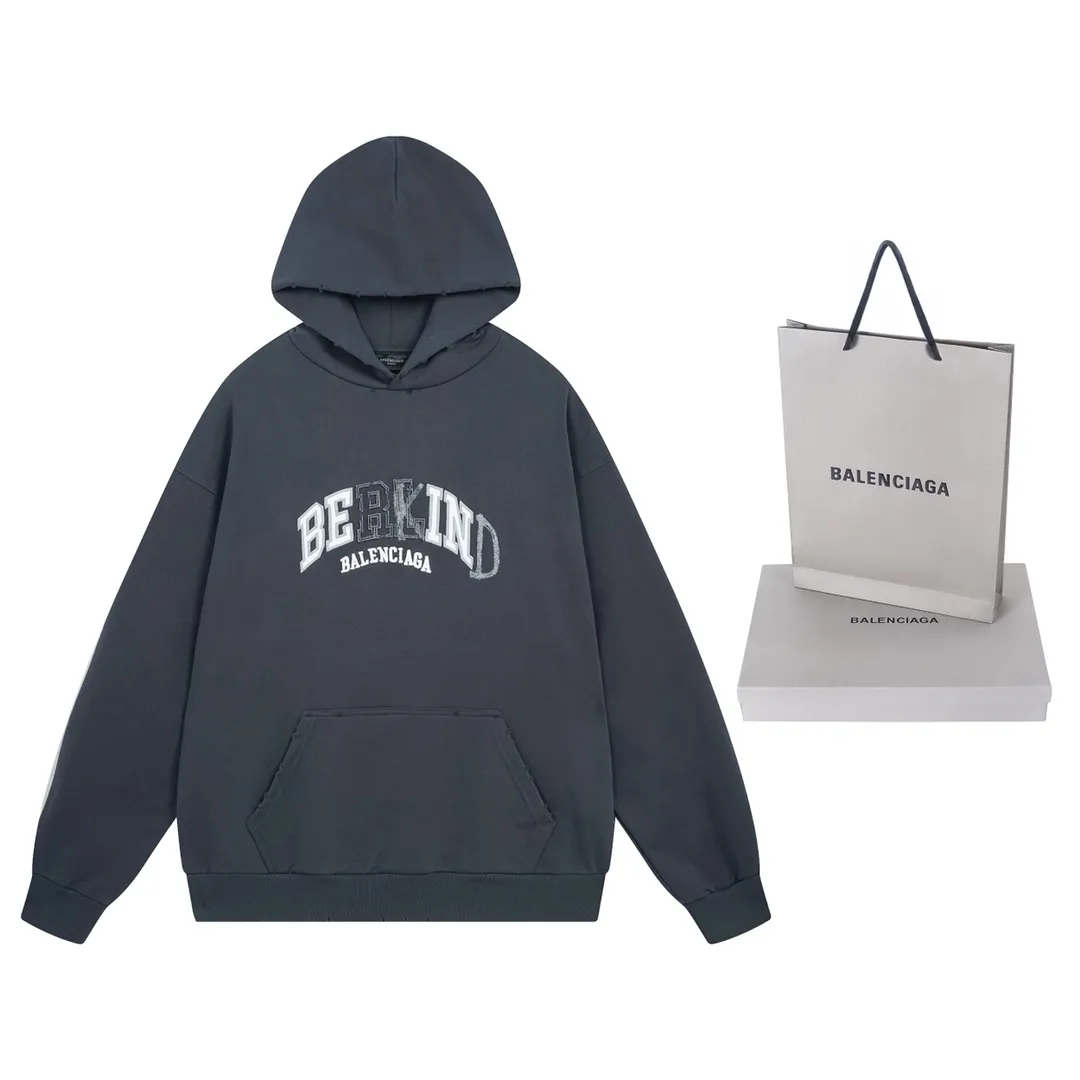 🅿️330 detailed pictures [Top version. Official website quality] BALENCI*GA/Paris BALENCI*GA#2024 latest model, classic letter LOGO graffiti. Toothbrush embroidery ready-to-wear distressed hooded sweatshirt. Brick cabinet synchronization. Genuine products are developed and developed in the first time. Welcome to compare! The fabric is made of Paris ZP custom-woven and dyed cotton sweatshirt. The weight is 450 grams. The cloth surface is clean. The cloth pattern is clear. It is soft and comfortable. It has good color fastness and is not easy to change color. The threads are woven and dyed with no color difference. The embroidery is done using imported Tajima embroidery machines. Over 10W needlework and extremely complex craftsmanship. The effect is three-dimensional and the lines are clear. No rough edges and lines. Ultra-high-tech embroidery. The hand-painted worn-out effect of ready-made garments. The version adopts OS loose shoulder design. Same style for men and women. Code: BL238030 Color: Dark blue gray. Floral gray. Washed blue Size: XS S M L