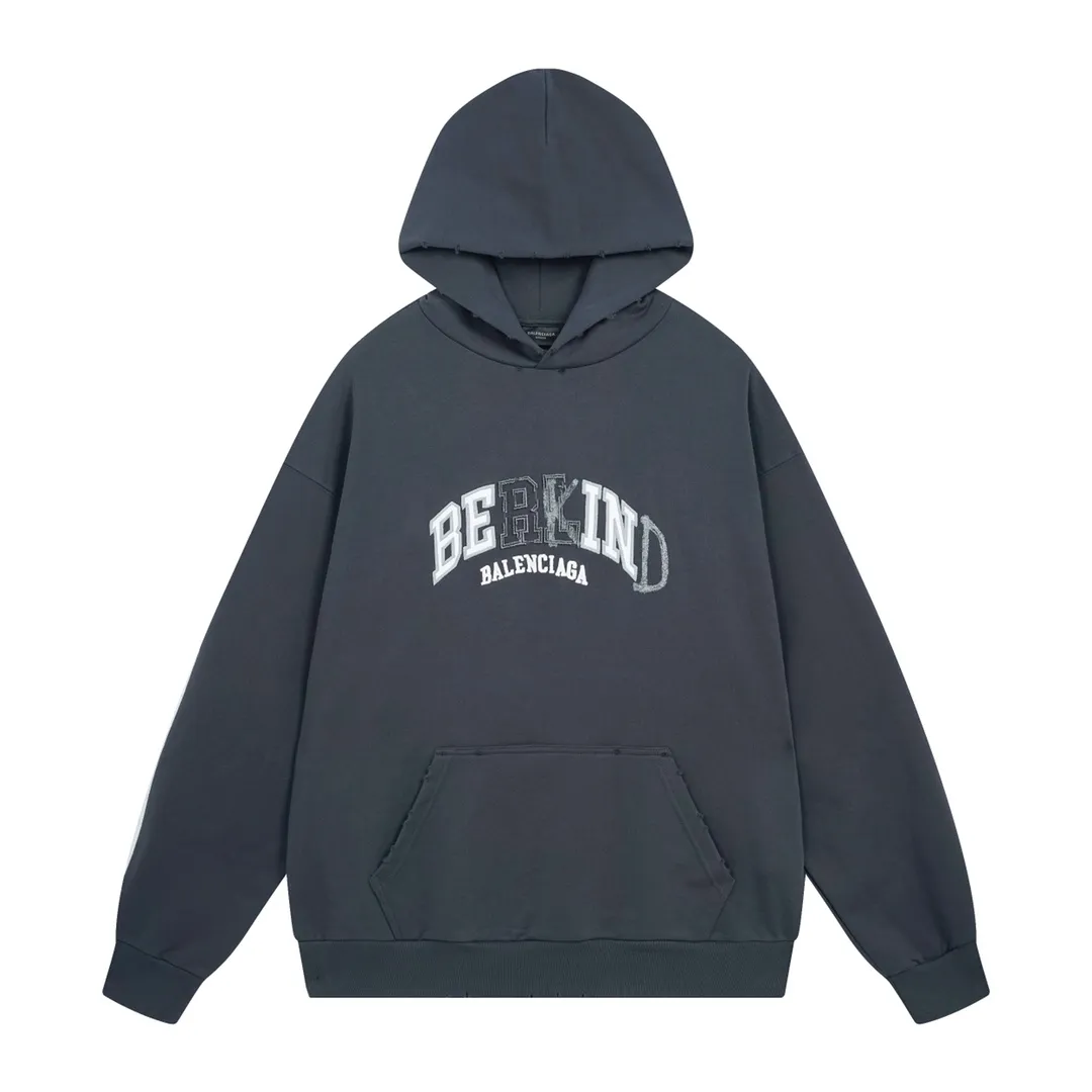 🅿️330 detailed pictures [Top version. Official website quality] BALENCI*GA/Paris BALENCI*GA#2024 latest model, classic letter LOGO graffiti. Toothbrush embroidery ready-to-wear distressed hooded sweatshirt. Brick cabinet synchronization. Genuine products are developed and developed in the first time. Welcome to compare! The fabric is made of Paris ZP custom-woven and dyed cotton sweatshirt. The weight is 450 grams. The cloth surface is clean. The cloth pattern is clear. It is soft and comfortable. It has good color fastness and is not easy to change color. The threads are woven and dyed with no color difference. The embroidery is done using imported Tajima embroidery machines. Over 10W needlework and extremely complex craftsmanship. The effect is three-dimensional and the lines are clear. No rough edges and lines. Ultra-high-tech embroidery. The hand-painted worn-out effect of ready-made garments. The version adopts OS loose shoulder design. Same style for men and women. Code: BL238030 Color: Dark blue gray. Floral gray. Washed blue Size: XS S M L