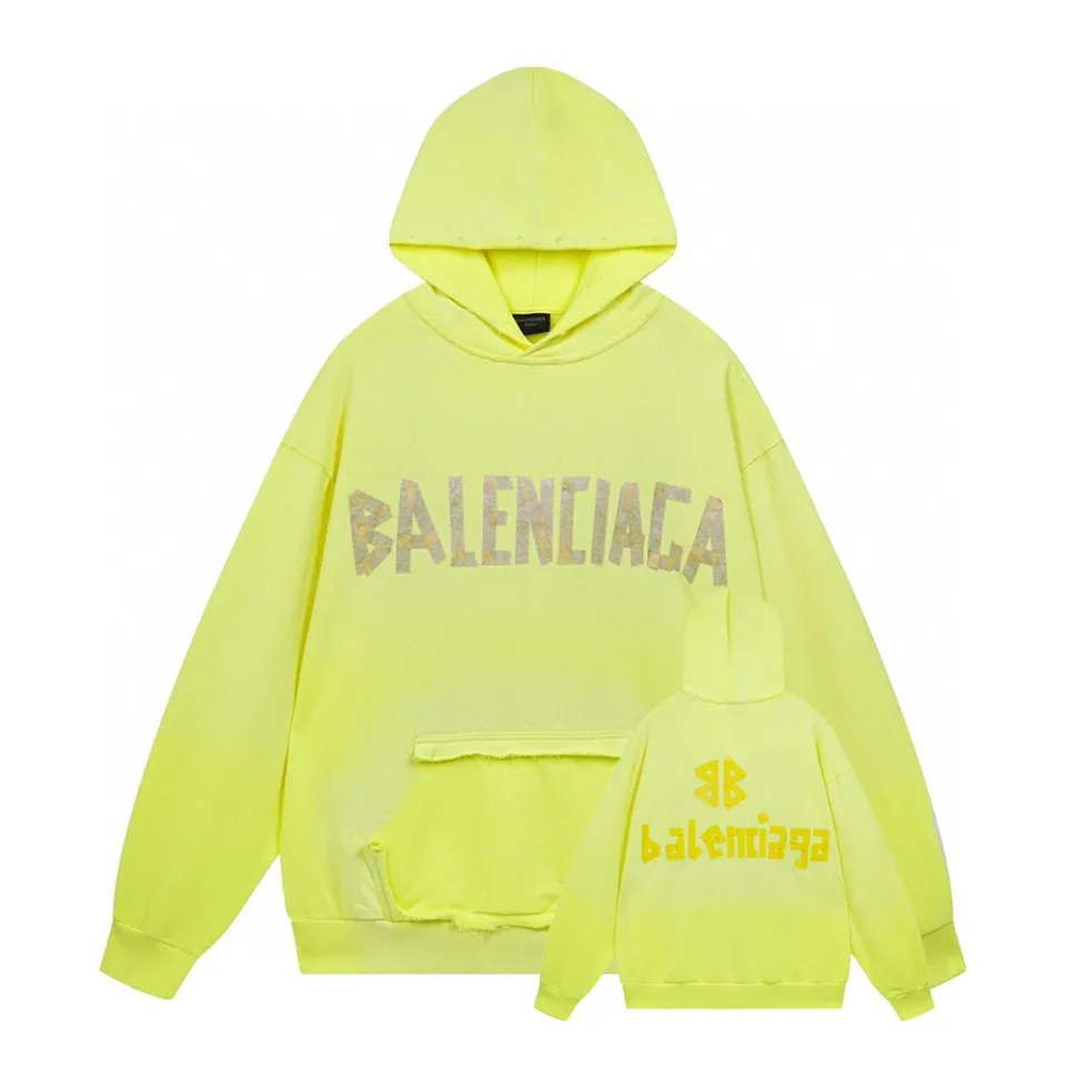 🅿️490 BALENCI*GA 24ss Paris hot-selling tape hooded sweatshirt. The front and back panels are printed with tape direct printing. Many hand-made. The ready-made garments are washed and worn. The cloth surface is clean. The cloth pattern is clear, super heavy work. Soft and comfortable. Exclusively pattern-woven and dyed 450g fabric. The threads are dyed in the same cylinder with zero color difference. Different from the market currency. The version adopts os loose shoulder version. Welcome to compare. Same style for men and women -Color: iron gray blue Paris blue washed black burgundy fluorescent yellow green khaki -SIZE: XS S M L style number 8912#