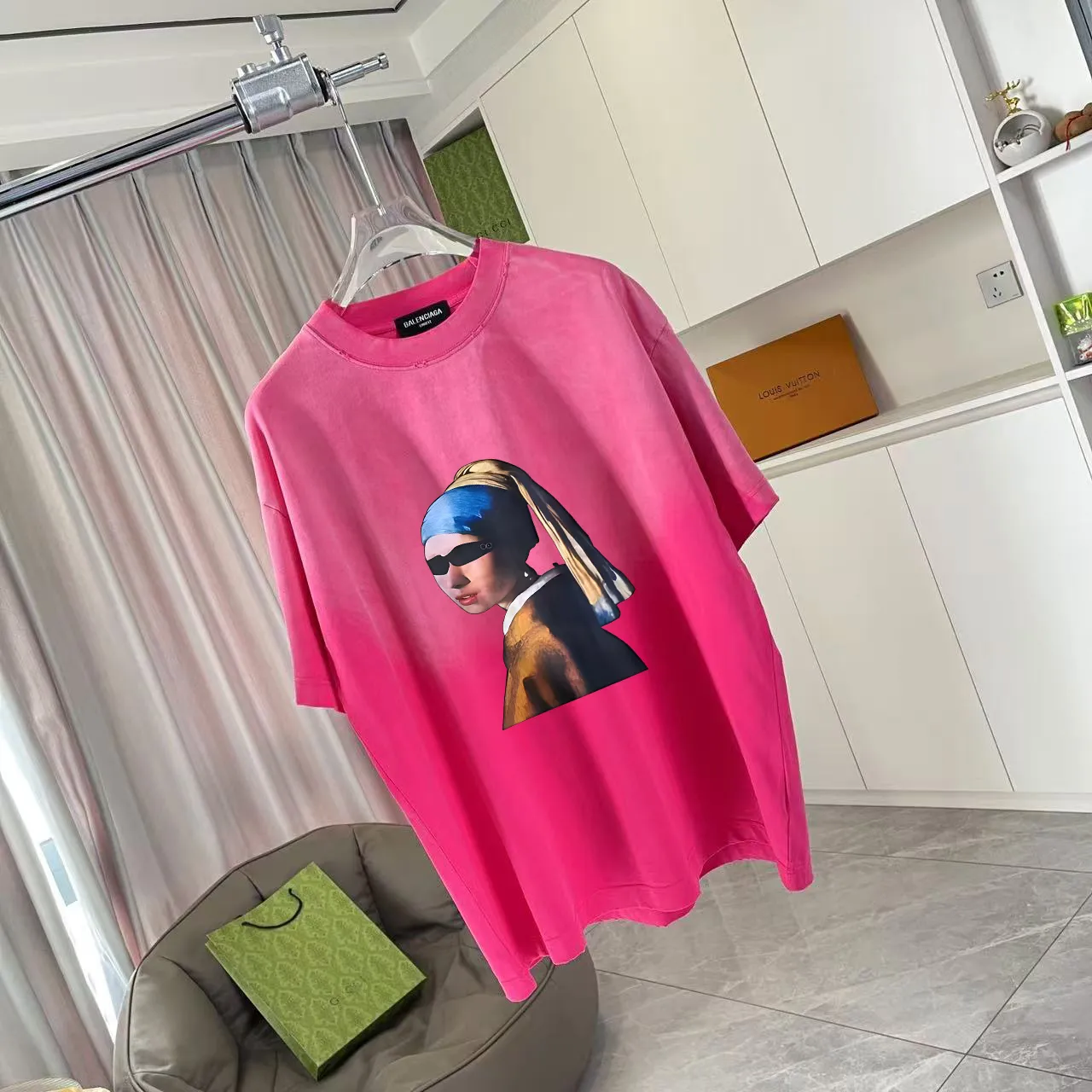 🅿️190 BALENCI*GA Paris 2025 summer new style, washed, distressed, spray-painted, personalized letter logo printing, customized fabric 320g, short-sleeved T-shirt, same style for men and women, size: S M L XL XXL five codes, color: black, white, gradient black, gradient red