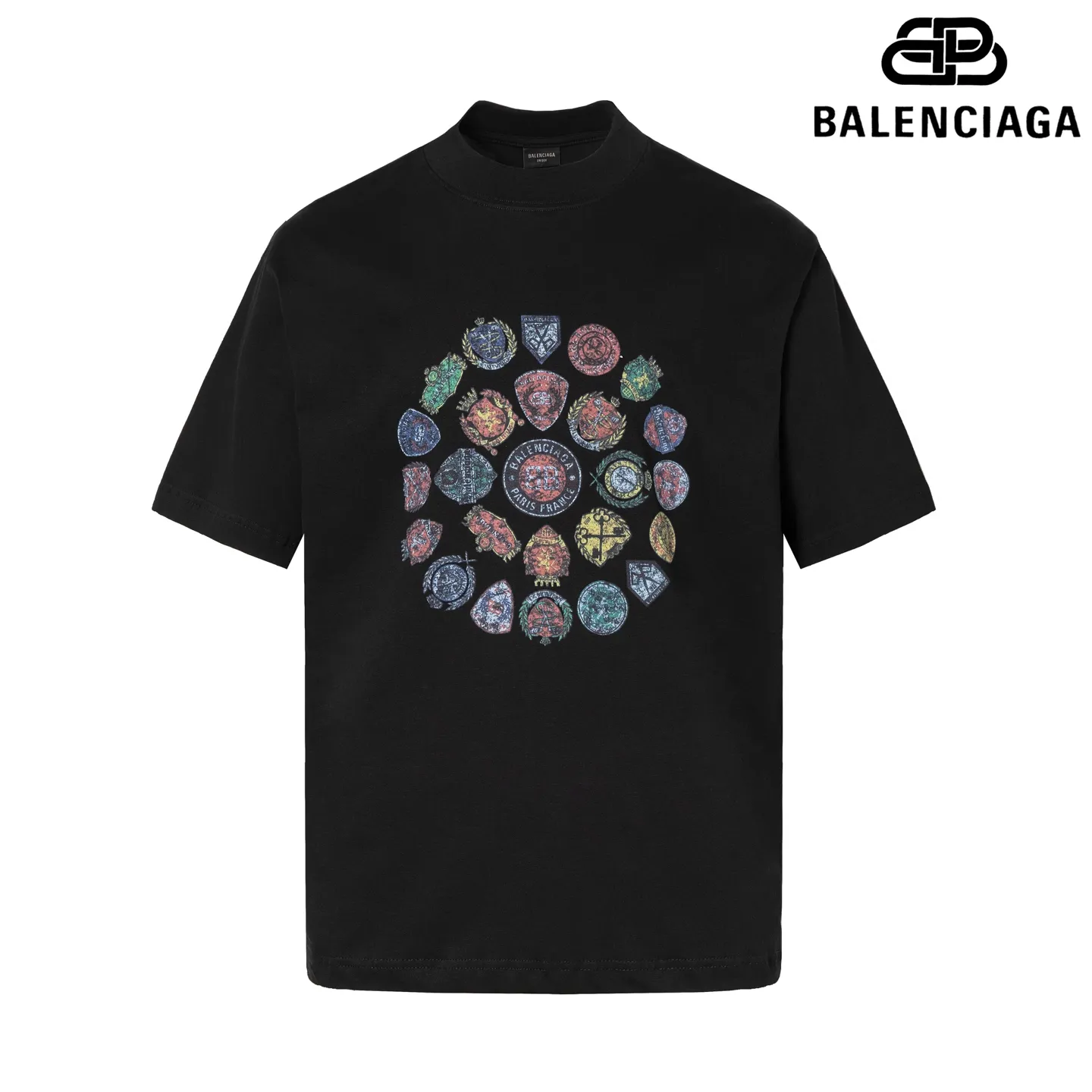 🅿️190 9208# Detailed picture Top version [[BALENCIA*GA] official website quality Paris new front and back letter badge icon LOGO printed short-sleeved T-shirt OS version Loose dropped shoulders Unisex style Fabric: 260 grams 100% cotton double yarn Technology: front and rear digital direct printing Garment washing Shape solid color Color: black off-white Size: XS S M L