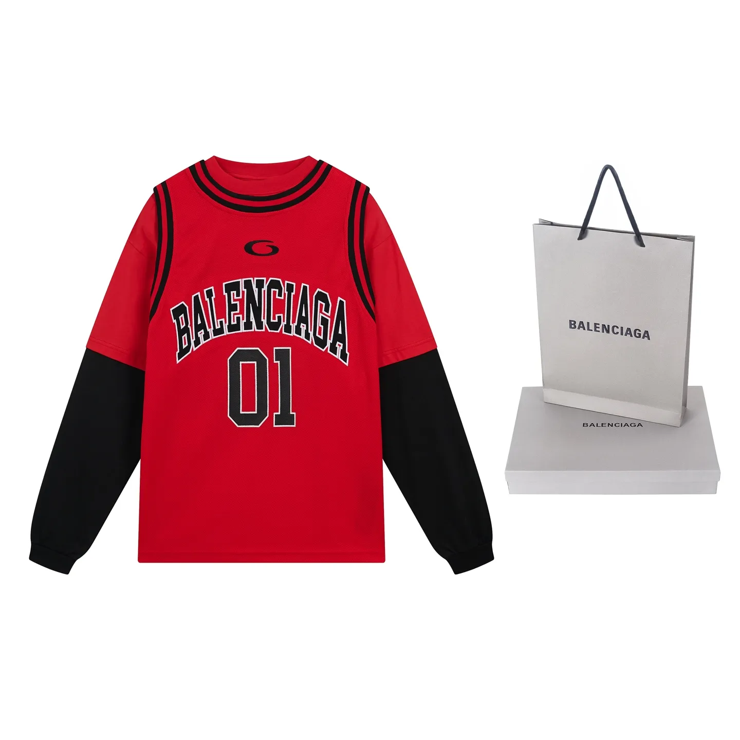 🅿️280 real photos [Top version. Official website quality] BALENCI*GA/Paris.SS25 latest basketball uniform fake 3-piece set of embroidered printed long-sleeved T-shirt. The vest is made of mesh. The front embroidery uses Tajima computer embroidery machine to patch embroidery and print, and the back piece is printed. Extra heavy craftsmanship. Brick cabinets are synchronized. Genuine products are developed at the first time. The fabric is made of Paris ZP custom-woven and dyed cotton double yarn. The weight is 260 grams, the cloth surface is clean, the cloth pattern is clear, soft and comfortable, and the vest is made of mesh. The threads are dyed with no color difference. The printing uses environmentally friendly imported materials, the letters are clear and the effect is three-dimensional. The version adopts OS loose shoulder design. Same style for men and women. Code: BL255089 Color: Cailan, red Size: XS S M L