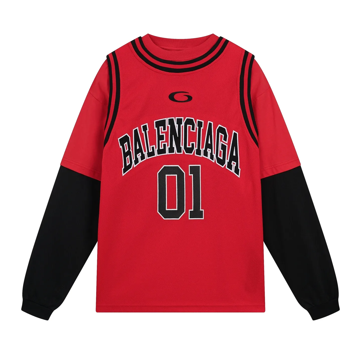 🅿️280 real photos [Top version. Official website quality] BALENCI*GA/Paris.SS25 latest basketball uniform fake 3-piece set of embroidered printed long-sleeved T-shirt. The vest is made of mesh. The front embroidery uses Tajima computer embroidery machine to patch embroidery and print, and the back piece is printed. Extra heavy craftsmanship. Brick cabinets are synchronized. Genuine products are developed at the first time. The fabric is made of Paris ZP custom-woven and dyed cotton double yarn. The weight is 260 grams, the cloth surface is clean, the cloth pattern is clear, soft and comfortable, and the vest is made of mesh. The threads are dyed with no color difference. The printing uses environmentally friendly imported materials, the letters are clear and the effect is three-dimensional. The version adopts OS loose shoulder design. Same style for men and women. Code: BL255089 Color: Cailan, red Size: XS S M L