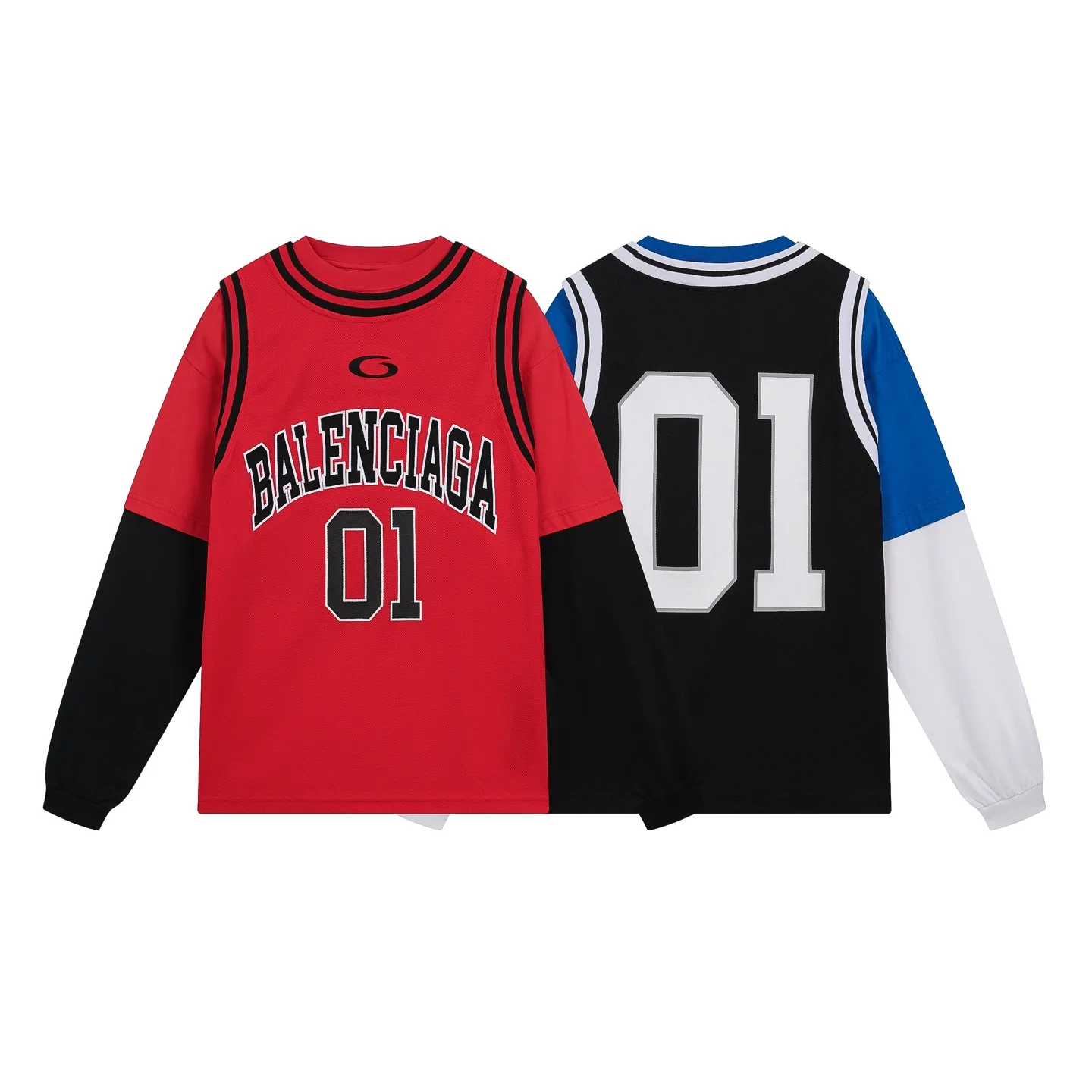 🅿️280 real photos [Top version. Official website quality] BALENCI*GA/Paris.SS25 latest basketball uniform fake 3-piece set of embroidered printed long-sleeved T-shirt. The vest is made of mesh. The front embroidery uses Tajima computer embroidery machine to patch embroidery and print, and the back piece is printed. Extra heavy craftsmanship. Brick cabinets are synchronized. Genuine products are developed at the first time. The fabric is made of Paris ZP custom-woven and dyed cotton double yarn. The weight is 260 grams, the cloth surface is clean, the cloth pattern is clear, soft and comfortable, and the vest is made of mesh. The threads are dyed with no color difference. The printing uses environmentally friendly imported materials, the letters are clear and the effect is three-dimensional. The version adopts OS loose shoulder design. Same style for men and women. Code: BL255089 Color: Cailan, red Size: XS S M L