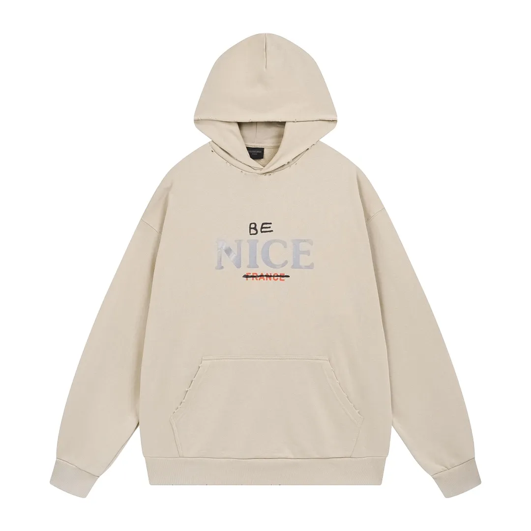 🅿️316 real photos [Top version. Official website quality] BALENCI*GA/Paris BALENCI*GA#NICE letter printed hooded sweatshirt. New product for autumn and winter 2023. Purchase the original board for the first time to customize. Color printing. Washed and worn to be consistent with the original board. Welcome to compare. Brick cabinet synchronization. The fabric is made of Paris ZP custom-woven and dyed cotton double-yarn large parka. The weight is 450 grams. The cloth surface is clean. The cloth pattern is clear. It is soft and comfortable. It has good color fastness and is not easy to change color. The threads are woven and dyed with no color difference. The printing uses a round machine hand-painted effect. No burrs. The color is the same as the original board. The whole piece of clothing is hand-made and worn. The brick cabinet is restored. The version adopts the OS loose shoulder version. Same style for men and women. Code: BL238033 Color: Gray purple. Apricot Size: XS S M L