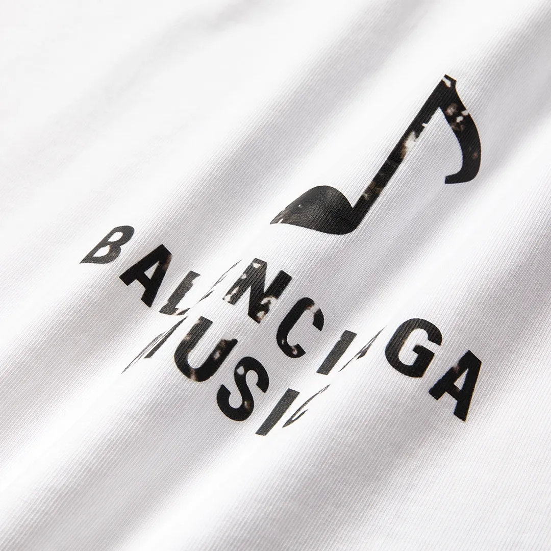 🅿️160 9129# Detailed picture Top version [[BALENCIA*GA] official website quality Paris new musical note logo heat-printed short-sleeved T-shirt OS version Loose dropped shoulders Unisex fabric: 260 grams 100% cotton double yarn Technology: front and rear heat transfer printing Garment wash Shape solid color Color: black white Size: XS S M L