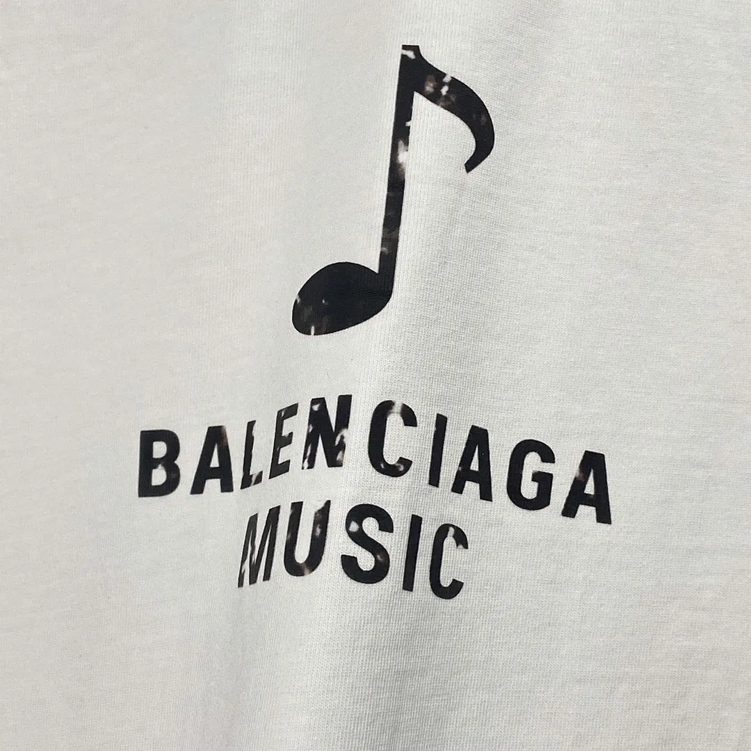 🅿️160 9129# Actual pictures Top version [[BALENCIA*GA] Official website quality Paris new musical note logo heat-printed short-sleeved T-shirt OS version Loose dropped shoulders Unisex fabric: 260 grams 100% cotton double yarn Technology: Front and rear heat transfer printing Garment wash Shaping Solid Color Color: Black White Size: XS S M L
