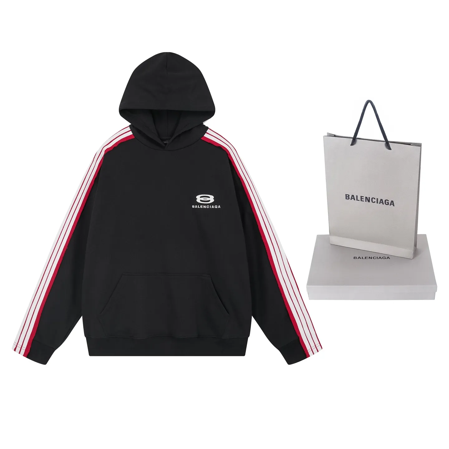 🅿️380 Detail Picture [Top version. Official website quality] BALENCI*GA/Paris SS25 latest model, shoulder sleeves color matching, tie strips, classic double-ring LOGO hooded sweatshirt embroidered on the front left chest, synchronized with brick cabinets, developed at the first time. The fabric is made of Paris ZP custom-woven and dyed cotton sweatshirt. Weighing 460 grams, the cloth surface is clean. The cloth pattern is clear, soft and comfortable. The threads are dyed with no color difference. The classic pattern embroidery is embroidered using an imported Tajima embroidery machine. The letters are clear, three-dimensional and without burrs. Shoulder sleeves with color tie strips, fashionable and classic. Jubie market produces pictures based on pictures. Welcome to compare. The version adopts OS loose shoulder design. Same style for men and women. Code: BL259903 Color: black, white Size: XS S M L