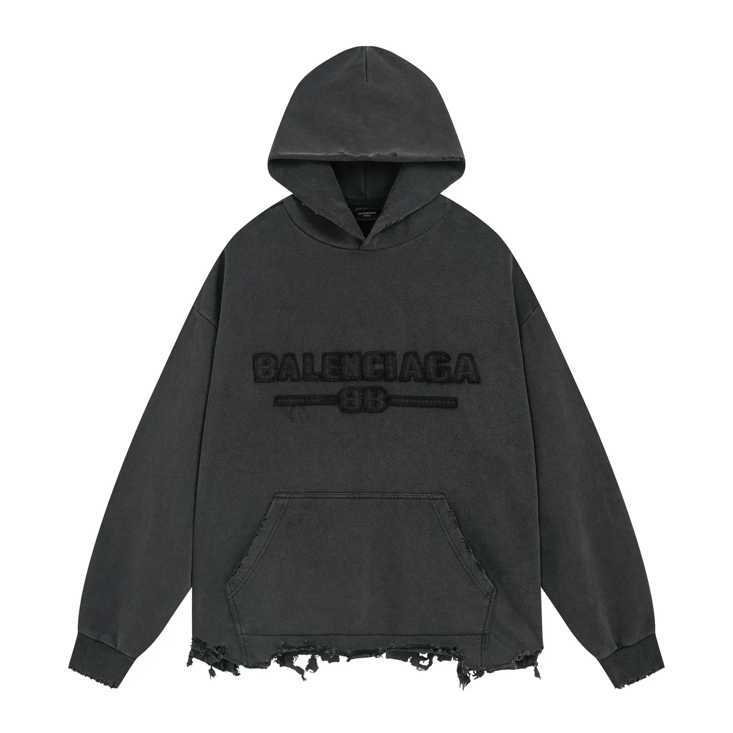 🅿️360 real photos [Top version. Official website quality] BALENCI*GA/Paris #2025 new style washed hooded sweatshirt with letter LOGO chest patch embroidery, ready-to-wear washed, and the hem and cuffs were hand-worn by many people. Full sense of design. Welcome to compare. The fabric is made of Paris ZP custom-woven and dyed cotton. The weight is 460 grams. The cloth surface is clean. The cloth pattern is clear, soft and comfortable. The threads are dyed with no color difference. The classic letter LOGO is embroidered with imported Tajima embroidery machine. The effect is three-dimensional. Restore brick cabinet, adopt OS loose shoulder style. Same style for men and women. Code: BL259919 Color: washed black Size: XS S M L