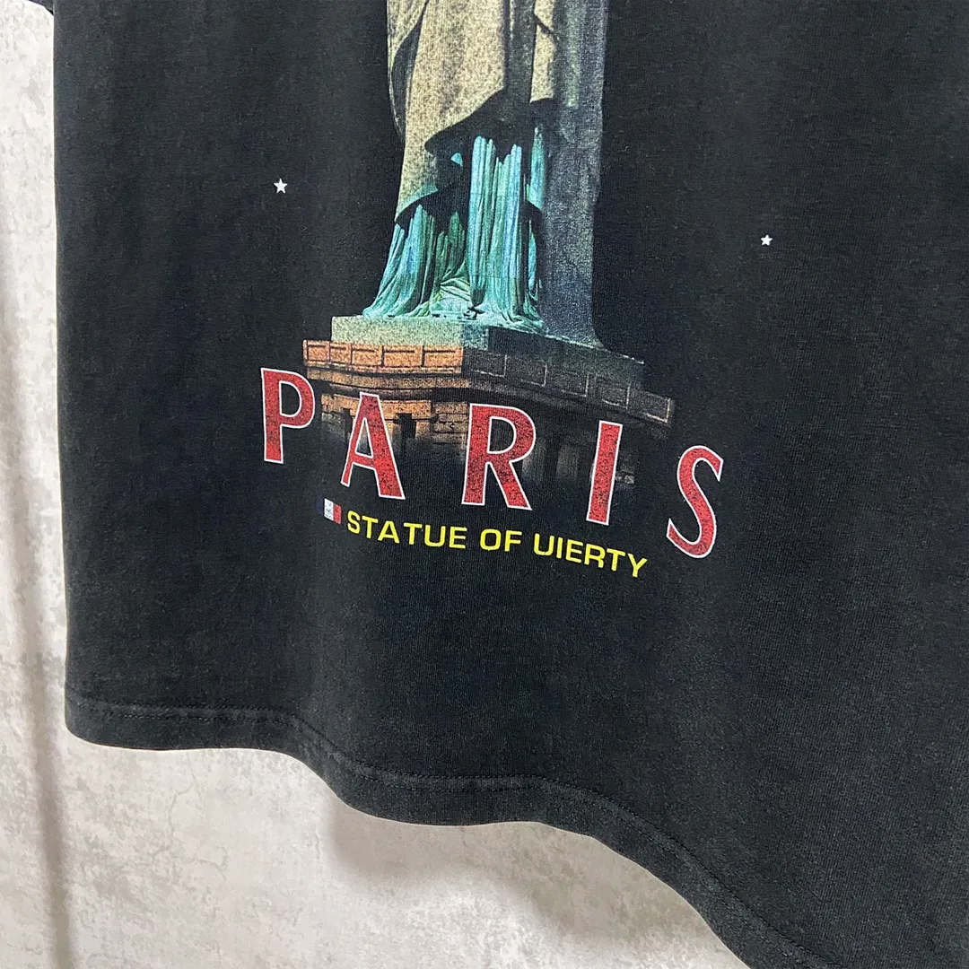 🅿️180 9112# Actual photo top version [[BALENCIA*GA] official website quality Paris new Statue of Liberty catwalk style short-sleeved T-shirt OS version loose dropped shoulders Unisex style Fabric: 260g 100% cotton double yarn Technology: front digital direct printing Garment wash worn distressed fixed color Color: washed black white Size: XS S M L
