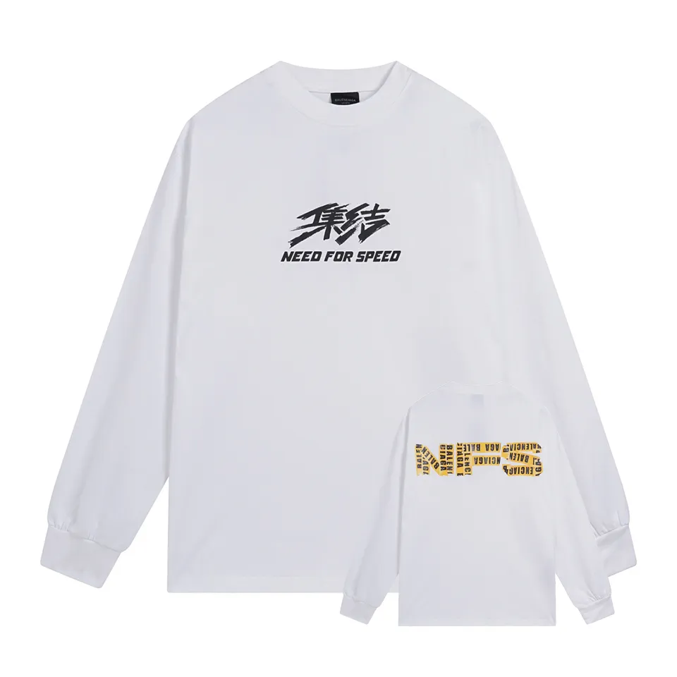 🅿️250 BALENCI*GA Paris ⅹ "Need for Speed: Assemblage" co-branded direct-injection printed long-sleeved fabric uses 280g Paris-specific double yarns with a high weight of 1:1 double yarn rib. The front and rear panels use imported Kornit machine direct-injection printing technology. Two high-temperature setting washes. os dropped shoulders, loose version, same style for men and women -Color: ivory white black -SIZE: XS S M L Style No. 8601#