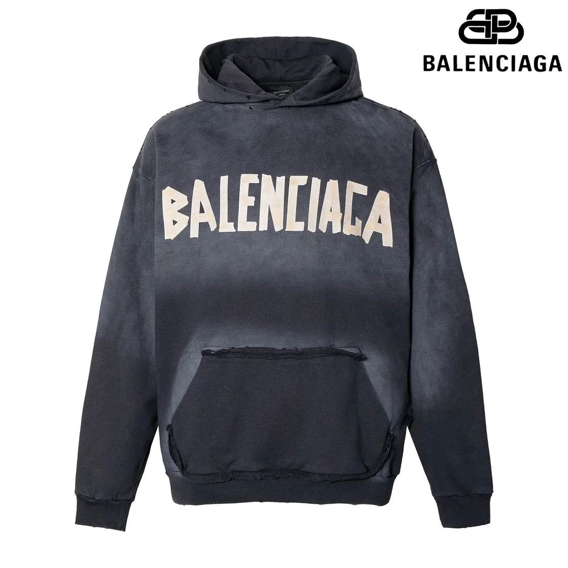 🅿️330 7153# Detailed picture Top version [BALENCIA*GA] Official website quality Paris new yellow tape series hooded sweatshirt OS version Loose dropped shoulders Same style for men and women Fabric: 480g 100% cotton terry sweater Process: Digital direct printing of front and back panels Garment wash Worn Distressed Fixed color Color: Washed black Gray blue Washed blue Size: XS S M L