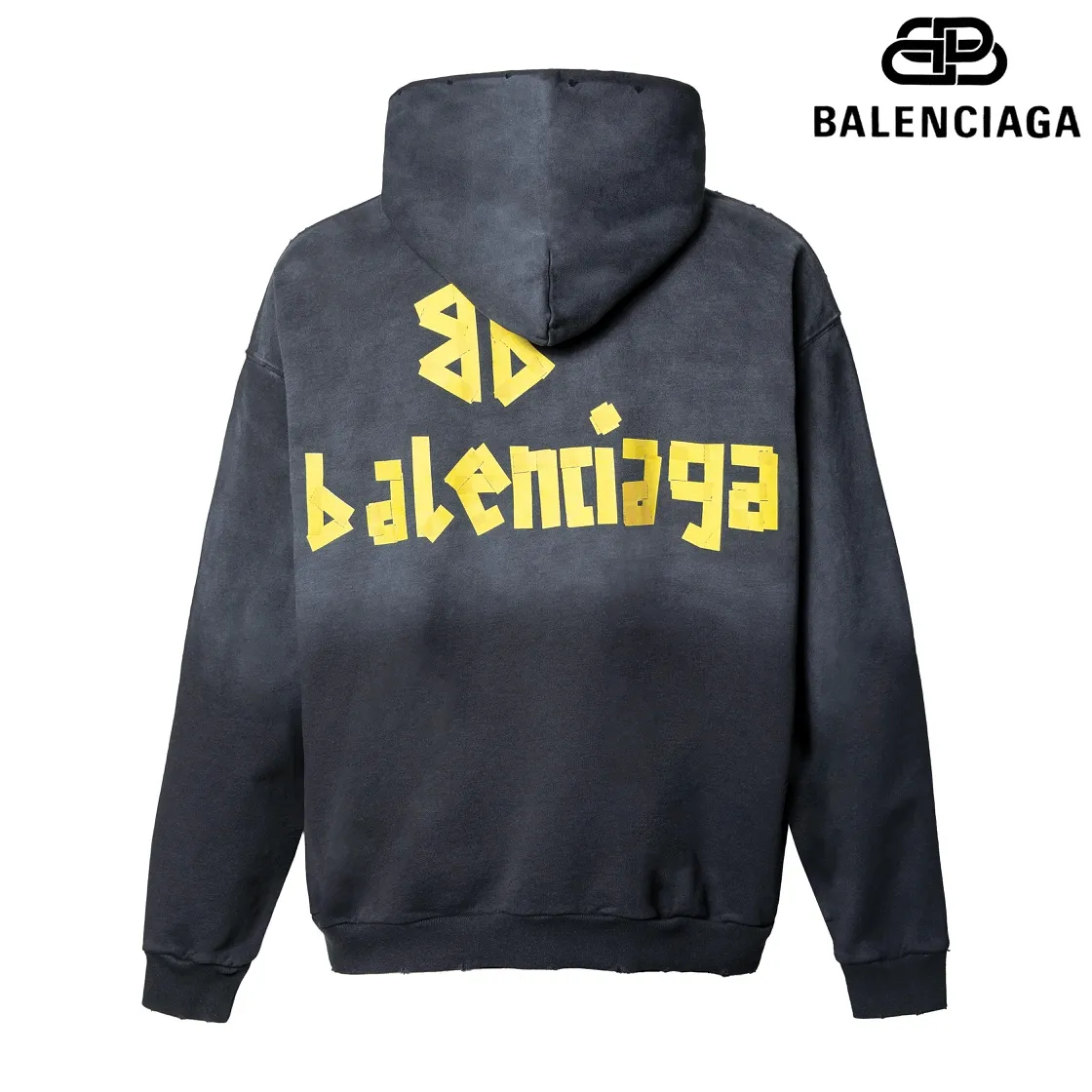 🅿️330 7153# Detailed picture Top version [BALENCIA*GA] Official website quality Paris new yellow tape series hooded sweatshirt OS version Loose dropped shoulders Same style for men and women Fabric: 480g 100% cotton terry sweater Process: Digital direct printing of front and back panels Garment wash Worn Distressed Fixed color Color: Washed black Gray blue Washed blue Size: XS S M L