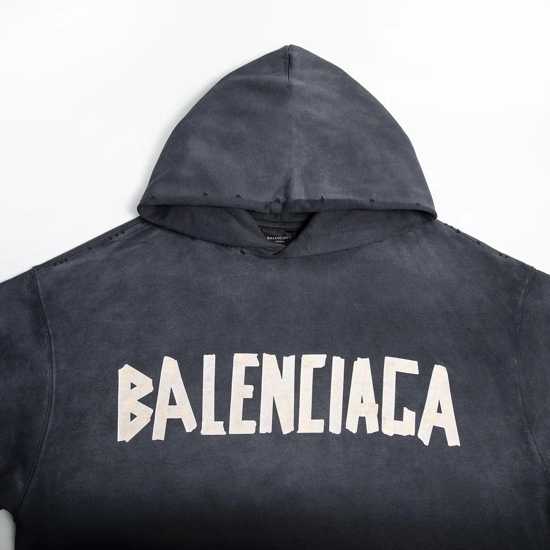🅿️330 7153# Detailed picture Top version [BALENCIA*GA] Official website quality Paris new yellow tape series hooded sweatshirt OS version Loose dropped shoulders Same style for men and women Fabric: 480g 100% cotton terry sweater Process: Digital direct printing of front and back panels Garment wash Worn Distressed Fixed color Color: Washed black Gray blue Washed blue Size: XS S M L