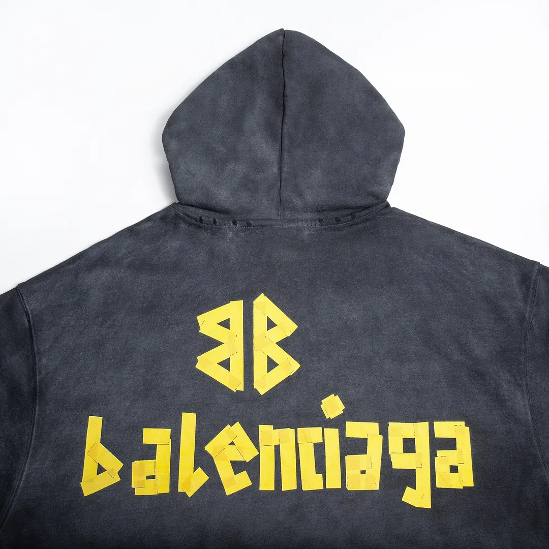 🅿️330 7153# Detailed picture Top version [BALENCIA*GA] Official website quality Paris new yellow tape series hooded sweatshirt OS version Loose dropped shoulders Same style for men and women Fabric: 480g 100% cotton terry sweater Process: Digital direct printing of front and back panels Garment wash Worn Distressed Fixed color Color: Washed black Gray blue Washed blue Size: XS S M L