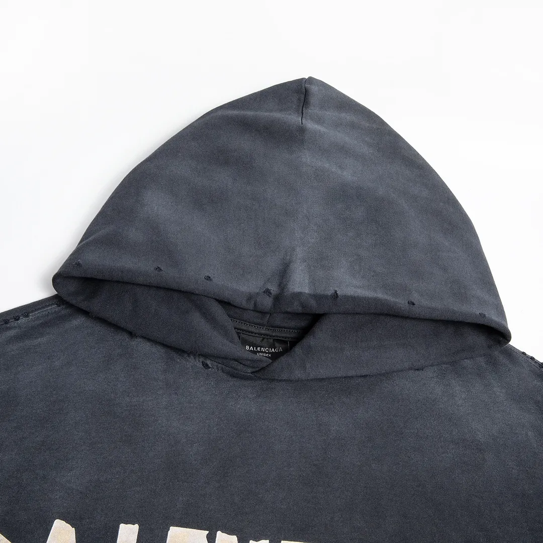 🅿️330 7153# Detailed picture Top version [BALENCIA*GA] Official website quality Paris new yellow tape series hooded sweatshirt OS version Loose dropped shoulders Same style for men and women Fabric: 480g 100% cotton terry sweater Process: Digital direct printing of front and back panels Garment wash Worn Distressed Fixed color Color: Washed black Gray blue Washed blue Size: XS S M L