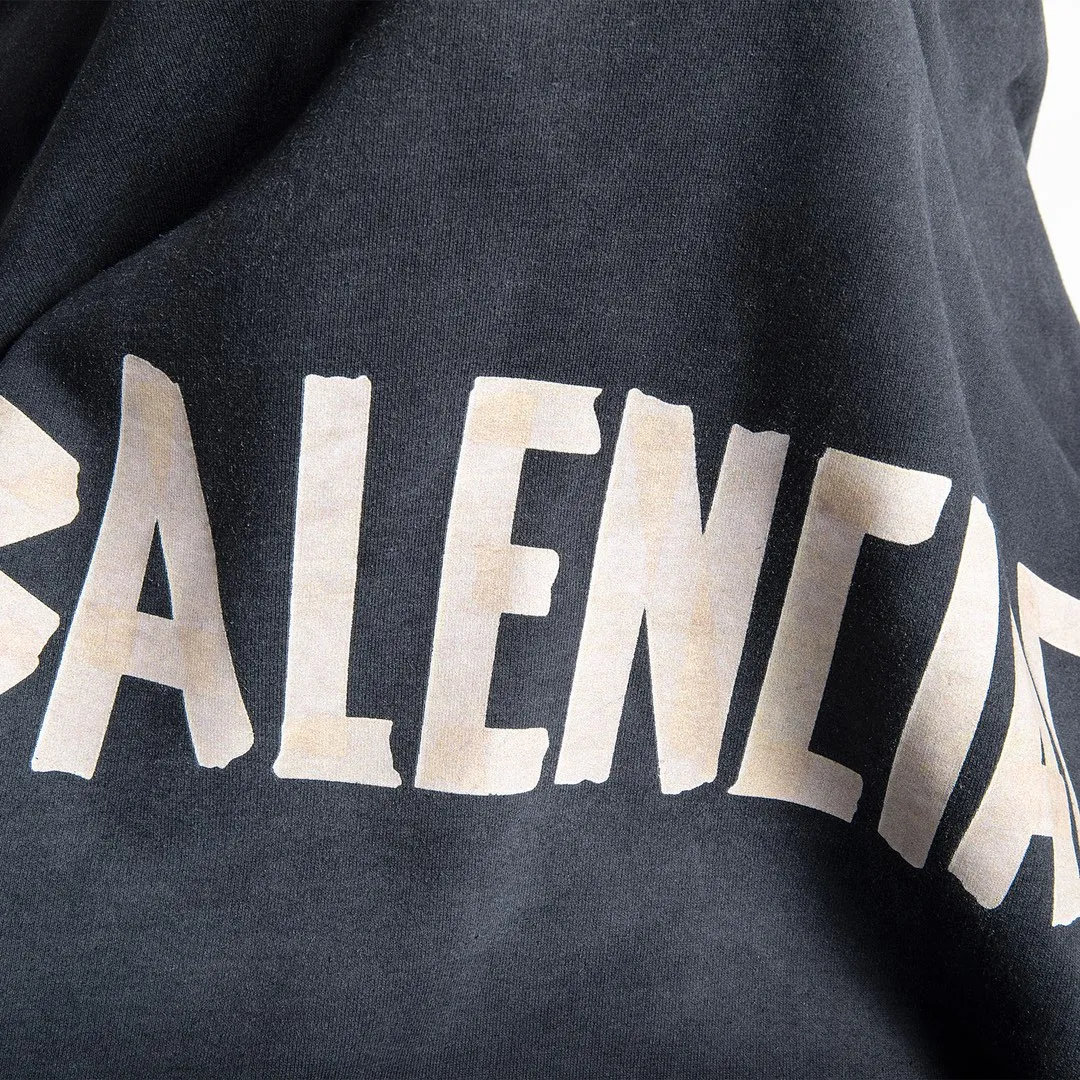 🅿️330 7153# Detailed picture Top version [BALENCIA*GA] Official website quality Paris new yellow tape series hooded sweatshirt OS version Loose dropped shoulders Same style for men and women Fabric: 480g 100% cotton terry sweater Process: Digital direct printing of front and back panels Garment wash Worn Distressed Fixed color Color: Washed black Gray blue Washed blue Size: XS S M L