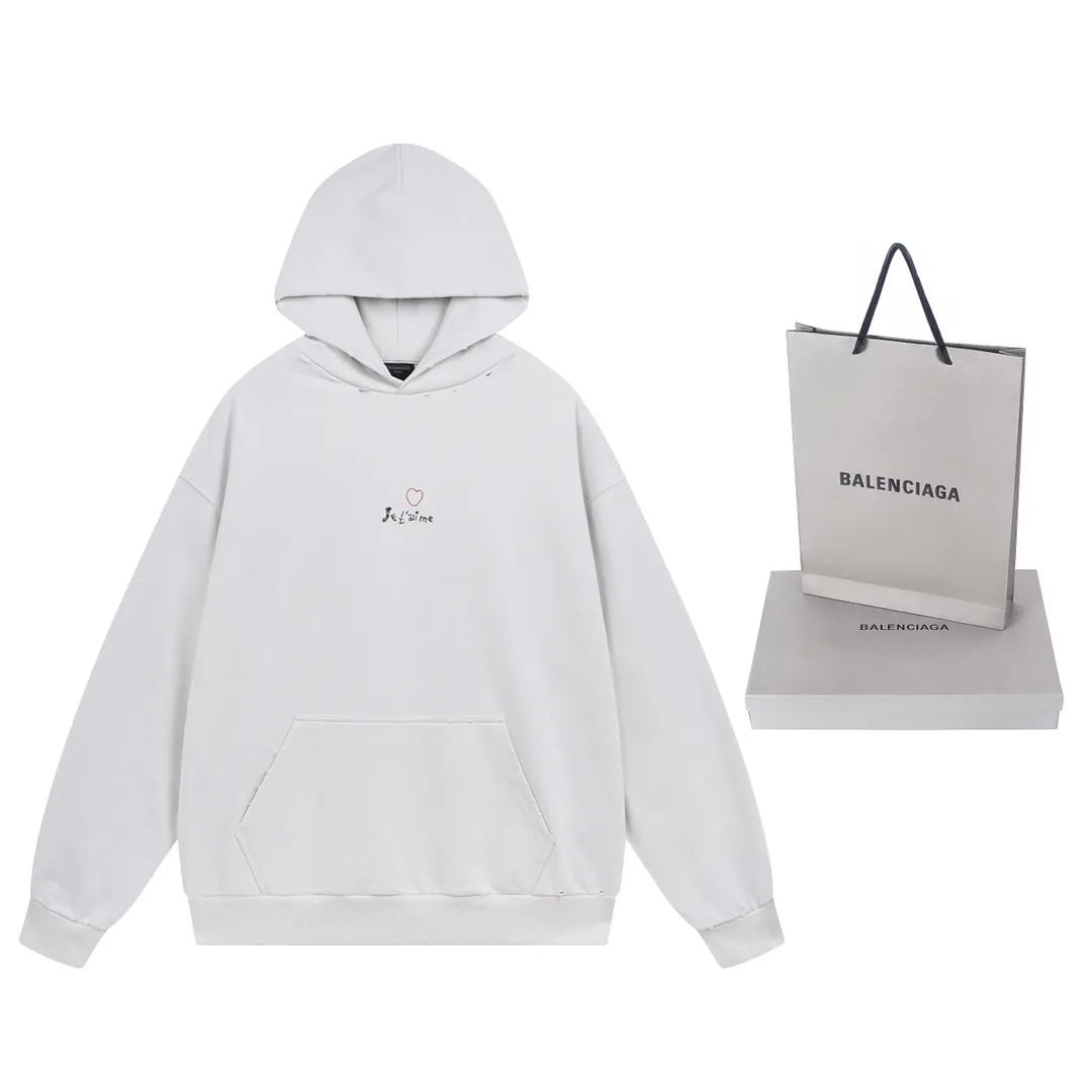 🅿️300 Detailed picture [Top version. Official website quality] BALENCI*GA/Paris BALENCI*GA#Valentine's Day. The latest model limited to Chinese Valentine's Day, love embroidered hooded sweatshirt. Brick cabinet synchronization. The fabric is made of Paris ZP custom-woven and dyed cotton double-yarn David sweatshirt. The weight is 450 grams. The cloth surface is clean. The cloth pattern is clear. Soft and comfortable. The color fastness is good. It is not easy to change color. The threads are woven and dyed with no color difference. The front and back embroidery is embroidered with an embroidery machine imported from Tajima. The effect is three-dimensional, and the version adopts the OS loose off-shoulder version. Same style for men and women. Code: BL238011 Color: washed black. Off-white. Size: XS S M L