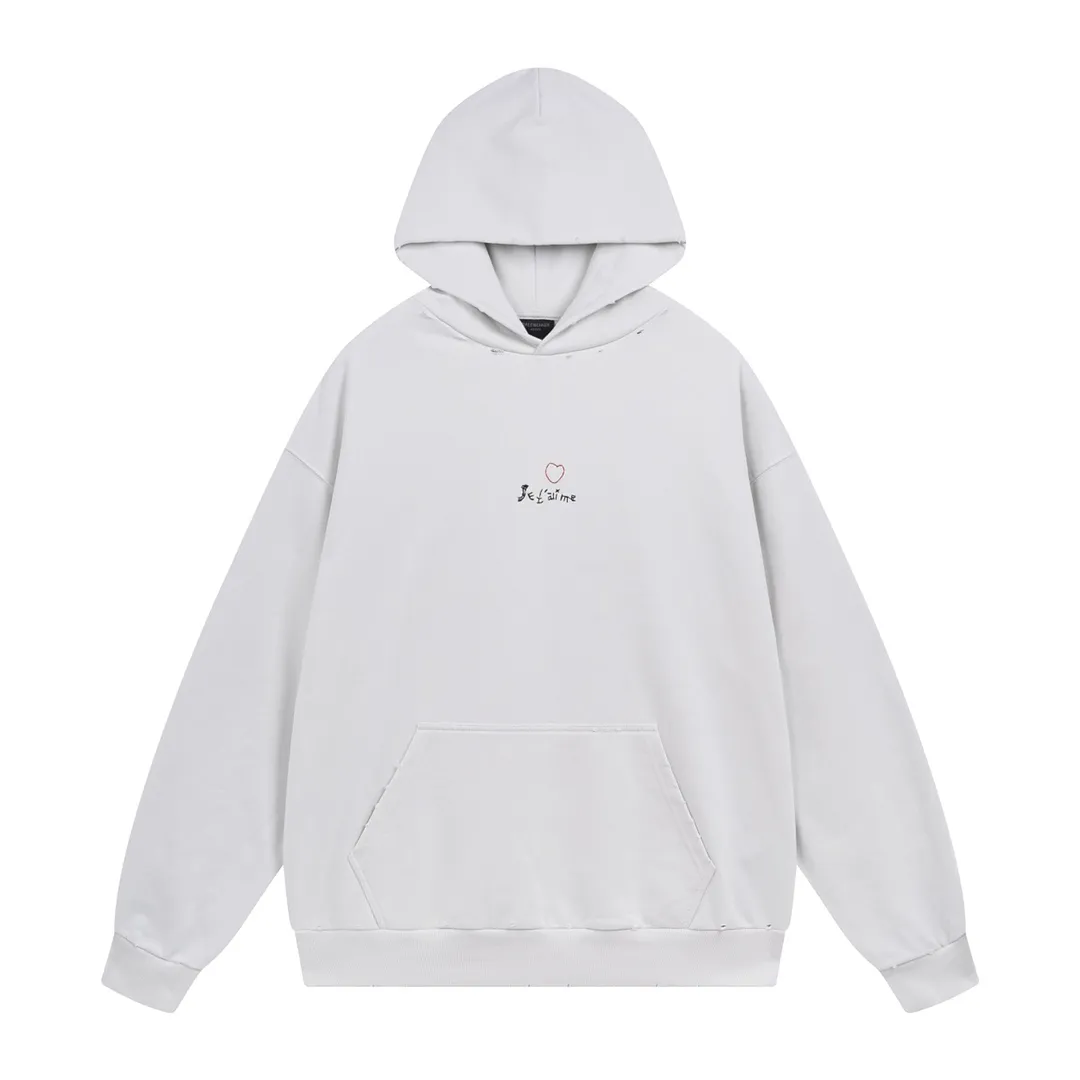 🅿️300 Detailed picture [Top version. Official website quality] BALENCI*GA/Paris BALENCI*GA#Valentine's Day. The latest model limited to Chinese Valentine's Day, love embroidered hooded sweatshirt. Brick cabinet synchronization. The fabric is made of Paris ZP custom-woven and dyed cotton double-yarn David sweatshirt. The weight is 450 grams. The cloth surface is clean. The cloth pattern is clear. Soft and comfortable. The color fastness is good. It is not easy to change color. The threads are woven and dyed with no color difference. The front and back embroidery is embroidered with an embroidery machine imported from Tajima. The effect is three-dimensional, and the version adopts the OS loose off-shoulder version. Same style for men and women. Code: BL238011 Color: washed black. Off-white. Size: XS S M L