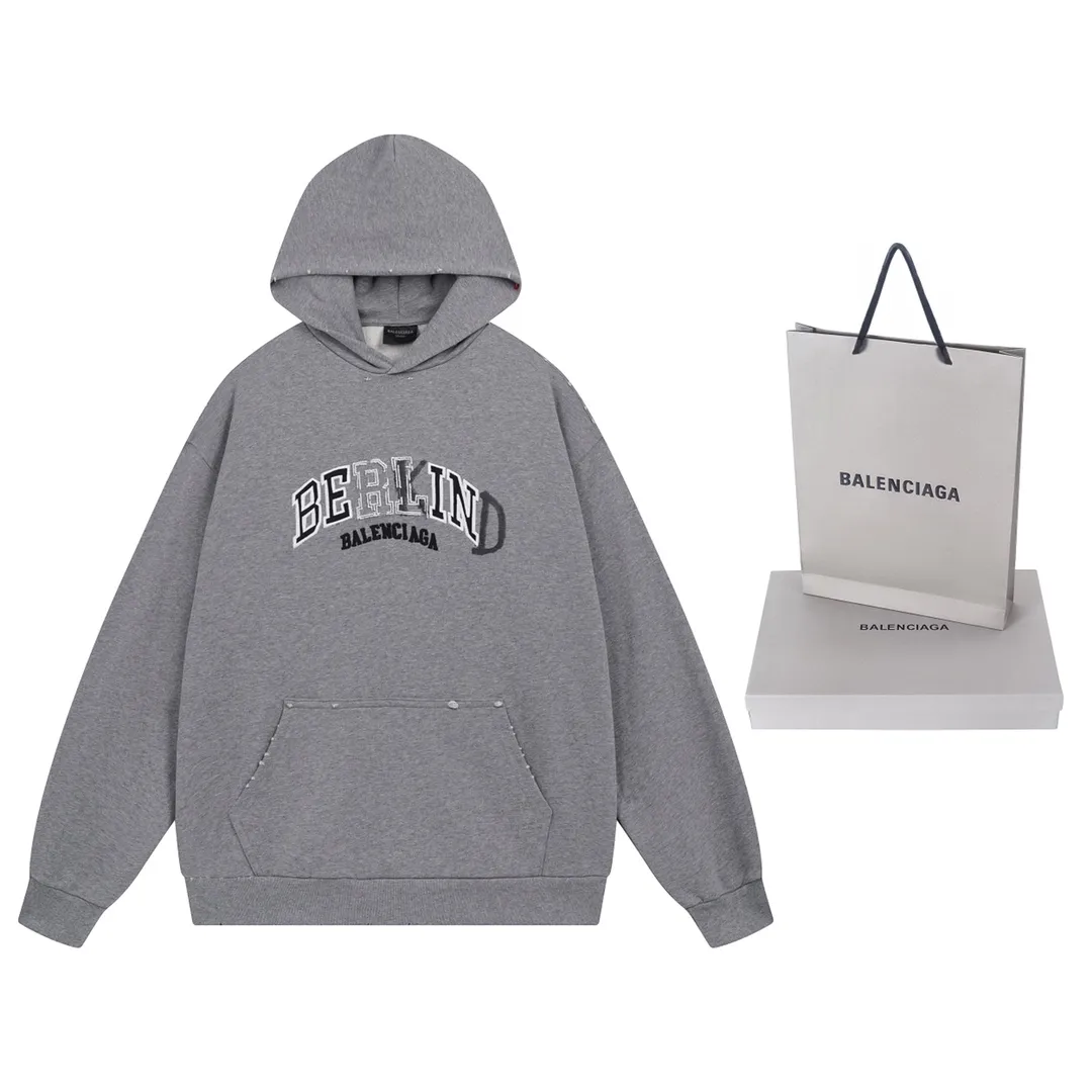 🅿️330 detailed pictures [Top version. Official website quality] BALENCI*GA/Paris BALENCI*GA#2024 latest model, classic letter LOGO graffiti. Toothbrush embroidery ready-to-wear distressed hooded sweatshirt. Brick cabinet synchronization. Genuine products are developed and developed in the first time. Welcome to compare! The fabric is made of Paris ZP custom-woven and dyed cotton sweatshirt. The weight is 450 grams. The cloth surface is clean. The cloth pattern is clear. It is soft and comfortable. It has good color fastness and is not easy to change color. The threads are woven and dyed with no color difference. The embroidery is done using imported Tajima embroidery machines. Over 10W needlework and extremely complex craftsmanship. The effect is three-dimensional and the lines are clear. No rough edges and lines. Ultra-high-tech embroidery. The hand-painted worn-out effect of ready-made garments. The version adopts OS loose shoulder design. Same style for men and women. Code: BL238030 Color: Dark blue gray. Floral gray. Washed blue Size: XS S M L