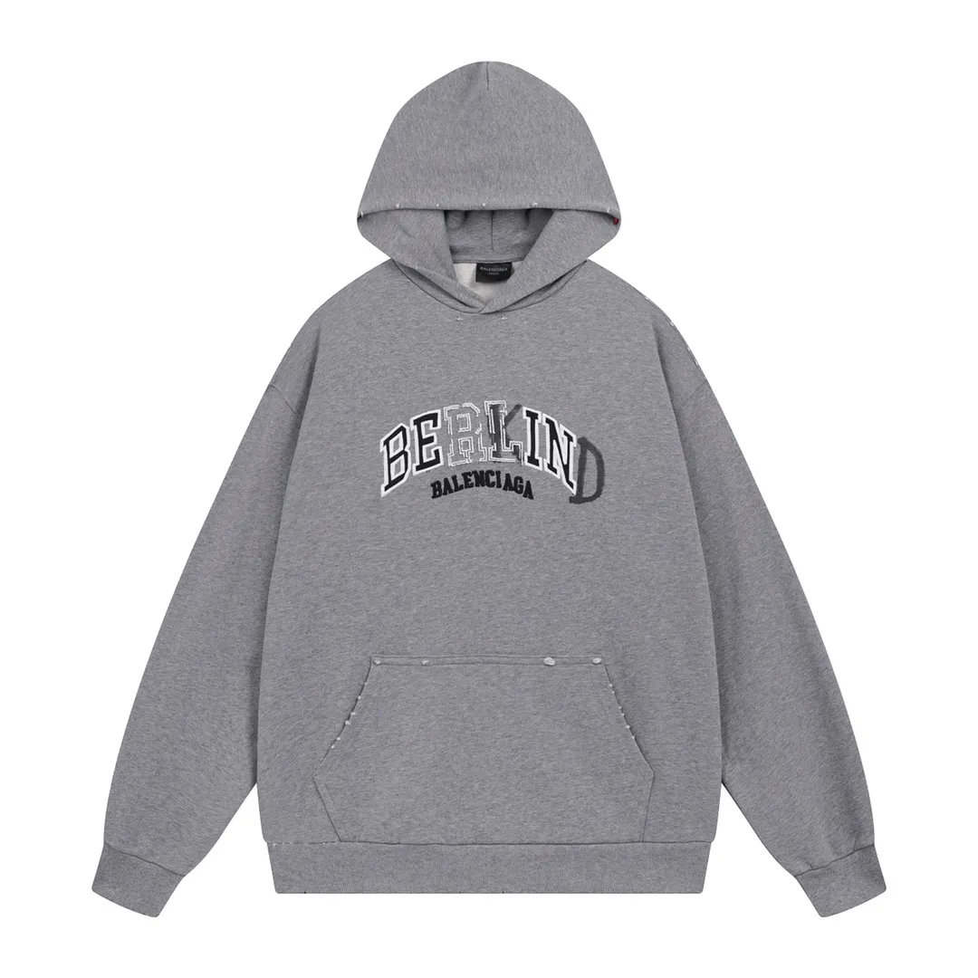 🅿️330 detailed pictures [Top version. Official website quality] BALENCI*GA/Paris BALENCI*GA#2024 latest model, classic letter LOGO graffiti. Toothbrush embroidery ready-to-wear distressed hooded sweatshirt. Brick cabinet synchronization. Genuine products are developed and developed in the first time. Welcome to compare! The fabric is made of Paris ZP custom-woven and dyed cotton sweatshirt. The weight is 450 grams. The cloth surface is clean. The cloth pattern is clear. It is soft and comfortable. It has good color fastness and is not easy to change color. The threads are woven and dyed with no color difference. The embroidery is done using imported Tajima embroidery machines. Over 10W needlework and extremely complex craftsmanship. The effect is three-dimensional and the lines are clear. No rough edges and lines. Ultra-high-tech embroidery. The hand-painted worn-out effect of ready-made garments. The version adopts OS loose shoulder design. Same style for men and women. Code: BL238030 Color: Dark blue gray. Floral gray. Washed blue Size: XS S M L