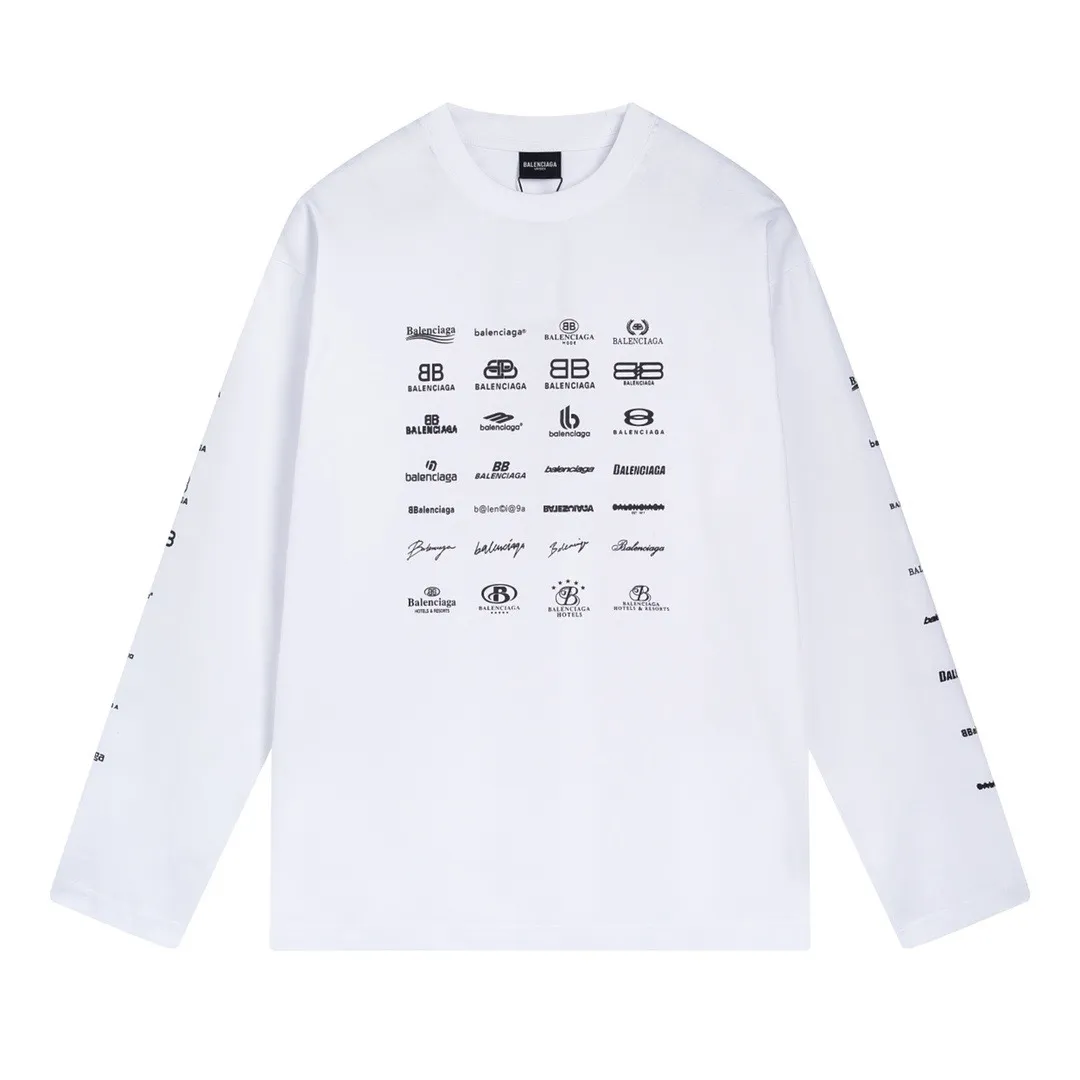 🅿️240 BALENCI*GA Paris full-print LOGO letter style long sleeves. The fabric is made of Paris custom-woven and dyed double yarn pure cotton fabric. The weight is 280g. The thread is custom-woven and dyed without color difference. The front and back panels are made of environmentally friendly dot offset printing. Two high-temperature setting washes. os dropped shoulders and loose version. Same style for men and women -Color: black ivory -SIZE: XS S M L Style No. 8612#