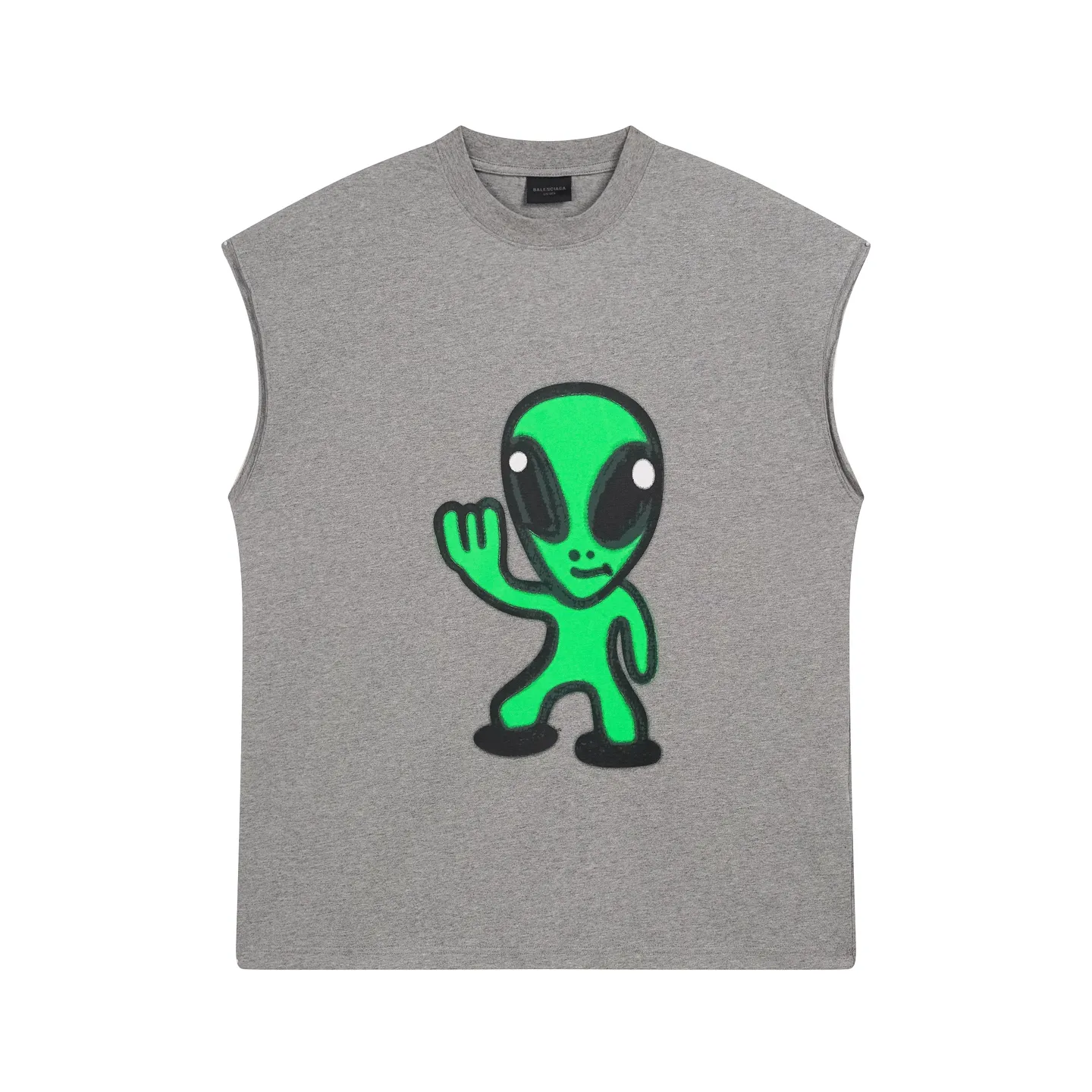 🅿️180 real shots [Top version. Official website quality] BALENCI*GA/25 new model. The front is directly printed with hithg there+dripley art work, aliens are printed on the front, and smiley face sleeveless T-shirt #SS25 latest style is printed on the back. Research and development at the first time, different market currencies. Comparisons welcome. The fabric is made of Paris ZP custom-woven and dyed cotton double yarn. Weighing 260 grams, the cloth surface is clean. The cloth pattern is clear, soft and comfortable. The threads are dyed with no color difference. Printing adopts computer direct printing. Jubie market currency. Welcome to compare. The version adopts a loose off-shoulder version. The same style for men and women. Code: BL253682 Color: Gray Size: XS S M L
