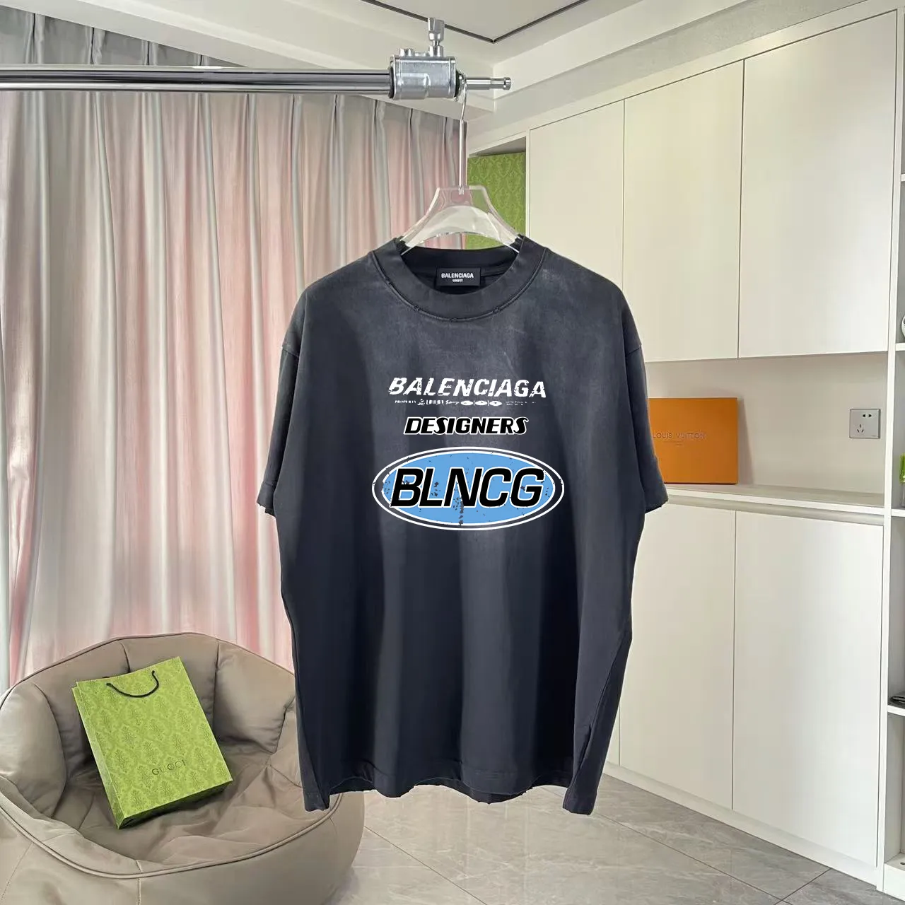 🅿️190 BALENCI*GA Paris 2025 summer new style, washed, distressed, spray-painted, personalized letter logo printing, customized fabric 320g, short-sleeved T-shirt, same style for men and women, size: S M L XL XXL five codes, color: black, white, gradient black, gradient red