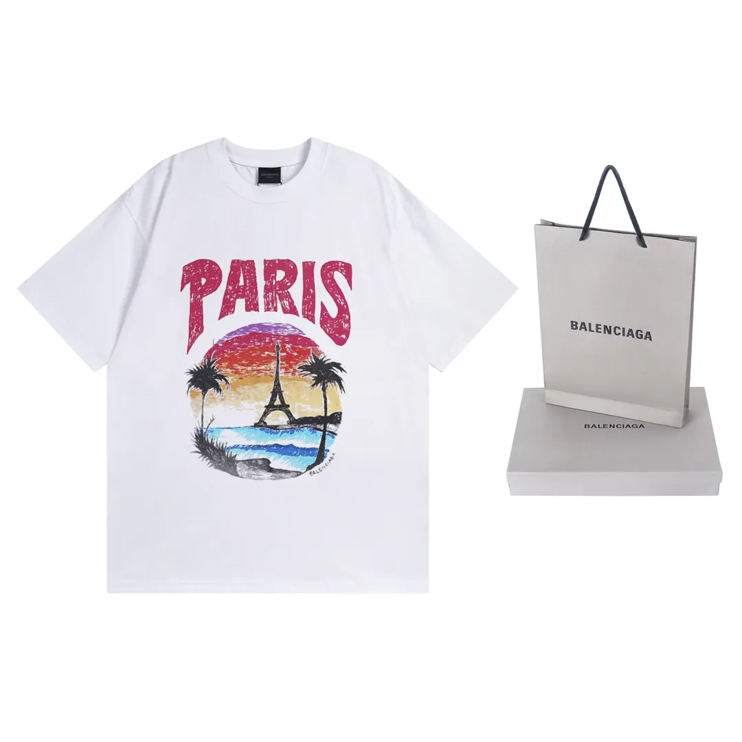 🅿️180 Detail Picture [Top version. Official website quality] BALENCI*GA/Paris. Hawaiian sunset coconut palm tower LOGO pattern short-sleeved T-shirt, brick cabinet synchronization. The fabric is made of Paris ZP custom-woven and dyed cotton sweatshirt. The weight is 260 grams, the cloth surface is clean. The cloth pattern is clear, soft and comfortable. The threads are dyed with no color difference. The classic pattern printing uses imported machine direct printing. The effect is three-dimensional and restores the brick cabinet. Different market currencies, welcome to compare. The version adopts OS loose shoulder design. Same style for men and women. Code: BL223218 Color: black. White. Size: XS to L