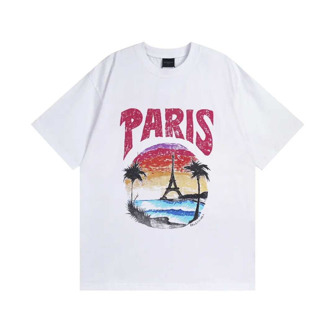 🅿️180 Detail Picture [Top version. Official website quality] BALENCI*GA/Paris. Hawaiian sunset coconut palm tower LOGO pattern short-sleeved T-shirt, brick cabinet synchronization. The fabric is made of Paris ZP custom-woven and dyed cotton sweatshirt. The weight is 260 grams, the cloth surface is clean. The cloth pattern is clear, soft and comfortable. The threads are dyed with no color difference. The classic pattern printing uses imported machine direct printing. The effect is three-dimensional and restores the brick cabinet. Different market currencies, welcome to compare. The version adopts OS loose shoulder design. Same style for men and women. Code: BL223218 Color: black. White. Size: XS to L