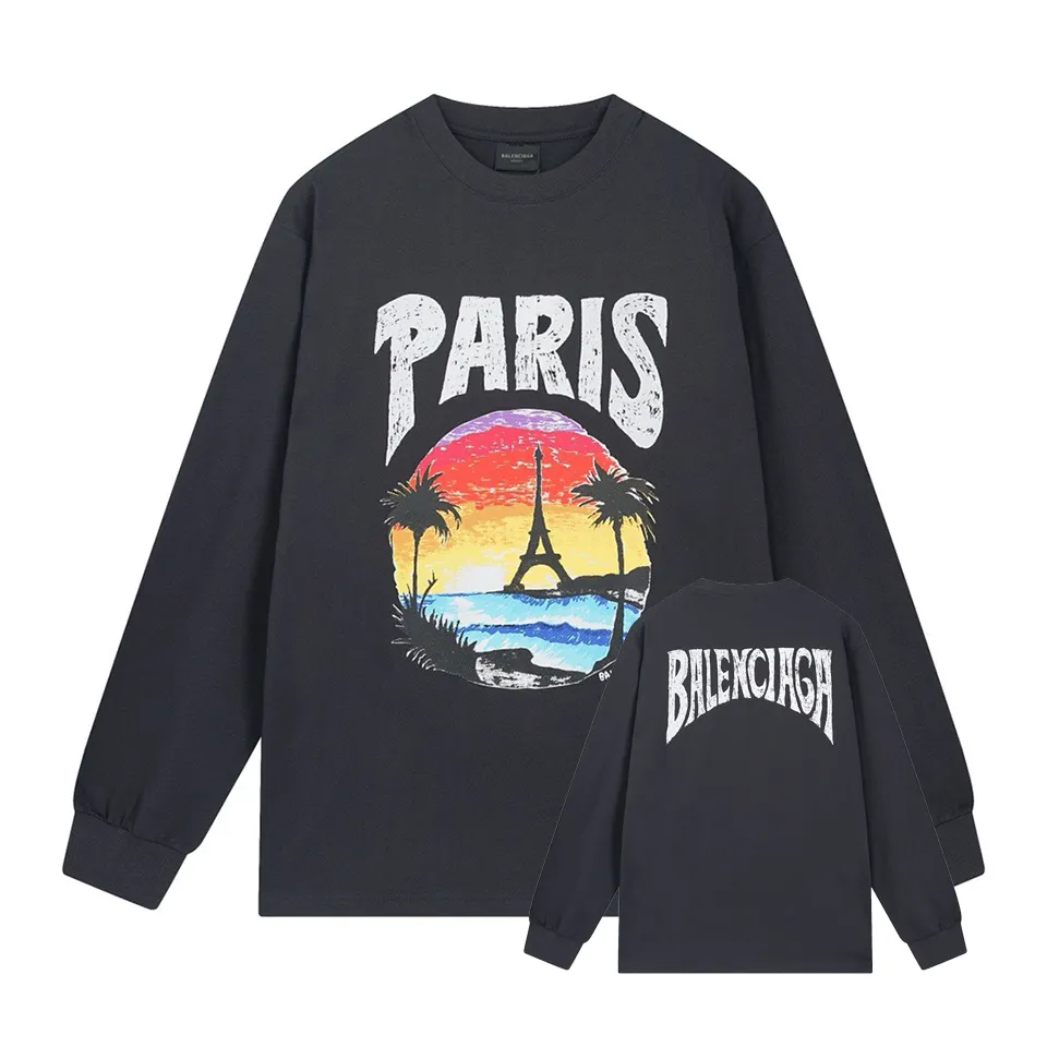 🅿️250 BALENCI*GA Paris Hawaiian Coconut Tower Long Sleeve. The fabric is made of Paris custom-woven and dyed double yarn pure cotton fabric. The weight is 280g. The thread is custom-woven and dyed without color difference. The front and rear panels are printed by imported machine. Two high-temperature setting washes. Os dropped shoulders and loose version. Same style for men and women -Color: Black Ivory White -SIZE: XS S M L Style No. 8615#