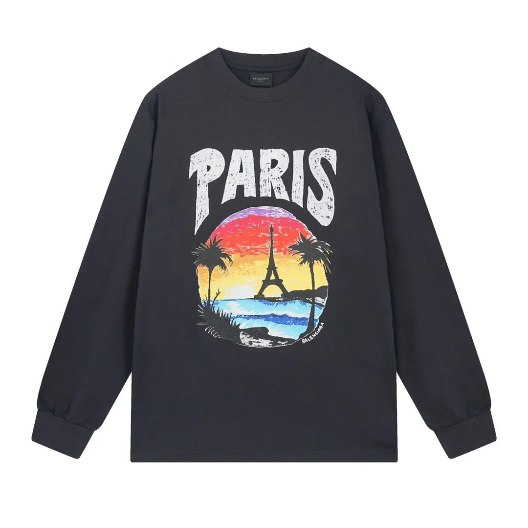 🅿️250 BALENCI*GA Paris Hawaiian Coconut Tower Long Sleeve. The fabric is made of Paris custom-woven and dyed double yarn pure cotton fabric. The weight is 280g. The thread is custom-woven and dyed without color difference. The front and rear panels are printed by imported machine. Two high-temperature setting washes. Os dropped shoulders and loose version. Same style for men and women -Color: Black Ivory White -SIZE: XS S M L Style No. 8615#