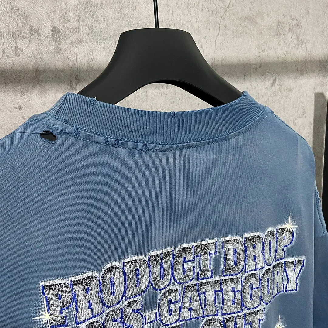🅿️180 9126# Actual photo top version [[BALENCIA*GA] official website quality Paris new co-branded SEENOWBUYNOW diamond short-sleeved T-shirt OS version loose dropped shoulders Uniform style for men and women Fabric: 260g 100% cotton double yarn Process: front and rear left and right sleeve printing Garment washed, worn, distressed, fixed color Color: washed black, washed blue, white Size: XS S M L