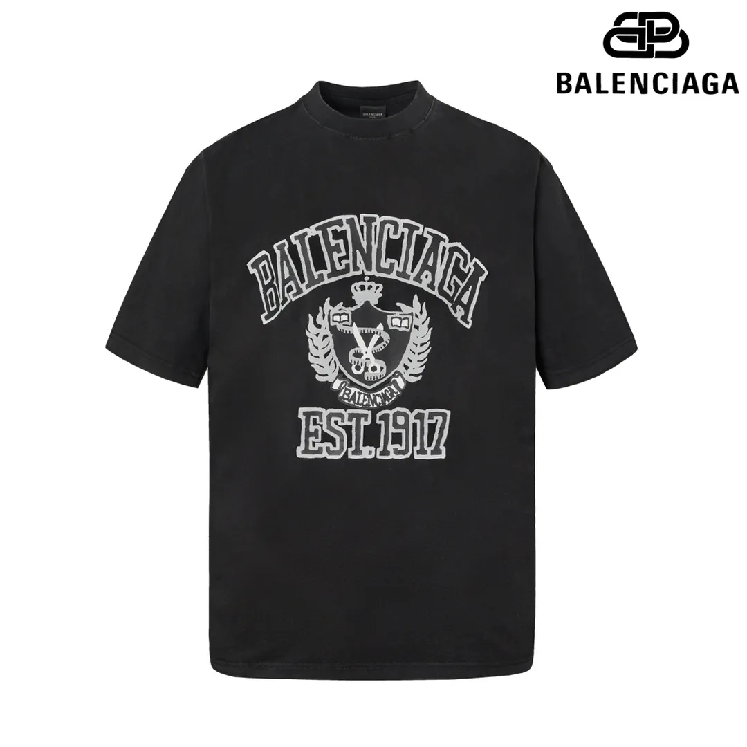 🅿️170 9107# Detailed picture Top version [[BALENCIA*GA] official website quality Paris new crown wheat scissors short-sleeved T-shirt OS version loose dropped shoulders Unisex fabric: 260 grams 100% cotton double yarn Process: front printing Garment wash Distressed Shaped solid color Color: washed black Size: XS S M L