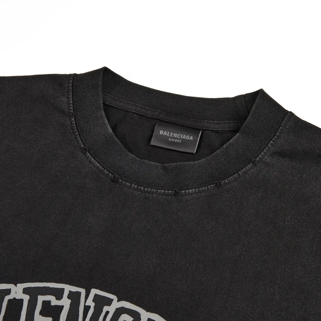 🅿️170 9107# Detailed picture Top version [[BALENCIA*GA] official website quality Paris new crown wheat scissors short-sleeved T-shirt OS version loose dropped shoulders Unisex fabric: 260 grams 100% cotton double yarn Process: front printing Garment wash Distressed Shaped solid color Color: washed black Size: XS S M L