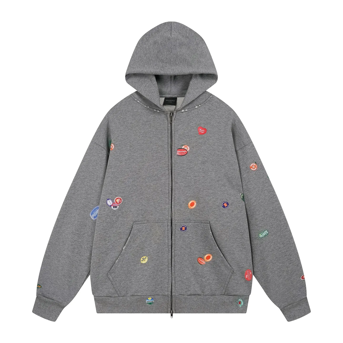 🅿️430 Real photos [Top version. Official website quality] BALENCI*GA/Paris #2025 autumn and winter new style. Fruit pattern Vintage all over embossed washed and distressed hooded sweatshirt. The fabric is made of Paris ZP custom weaving and dyeing cotton sweatshirt. Weighing 460 grams, the cloth surface is clean. The cloth pattern is clear, soft and comfortable. The threads are dyed with no color difference. The pattern printing uses environmentally friendly imported glue and computer inkjet printing. The pattern is clear, no burrs, and has a strong three-dimensional effect. The garments are washed and worn. All colors are synchronized with the brick cabinets, custom woven and dyed, and will not fade. Different market currencies. The version adopts OS loose shoulder design. Same style for men and women. Code: BL259907 Color: floral gray, pink Size: XS S M L