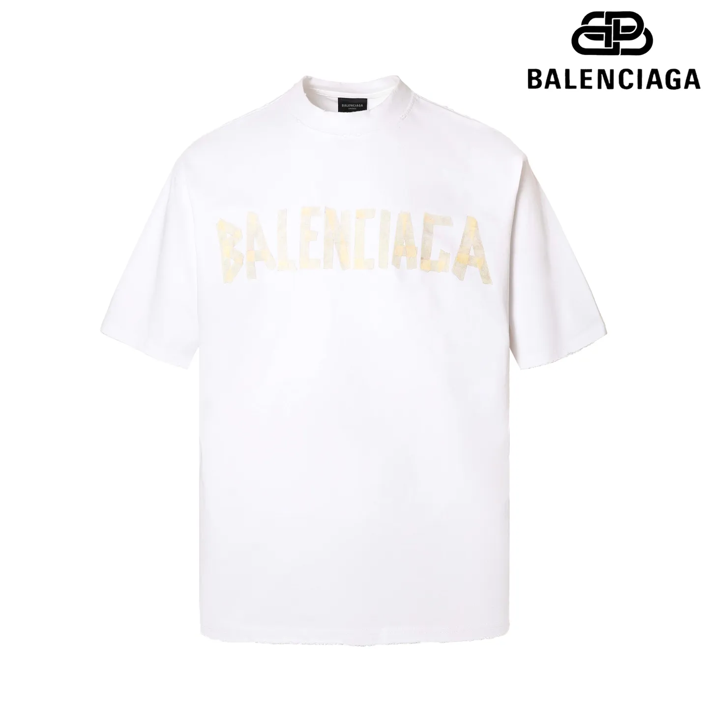 🅿️180 9110# Detailed picture Top version [[BALENCIA*GA] Official website quality Paris new yellow tape bandage digital direct spray short-sleeved T-shirt OS version Loose dropped shoulders Same style for men and women Fabric: 260 grams 100% cotton double yarn Process: Front and rear digital direct spray Garment wash Frayed Distressed Styling Solid color Color: gray blue white washed blue burgundy green black silver Rose Red Khaki Size: XS S M L