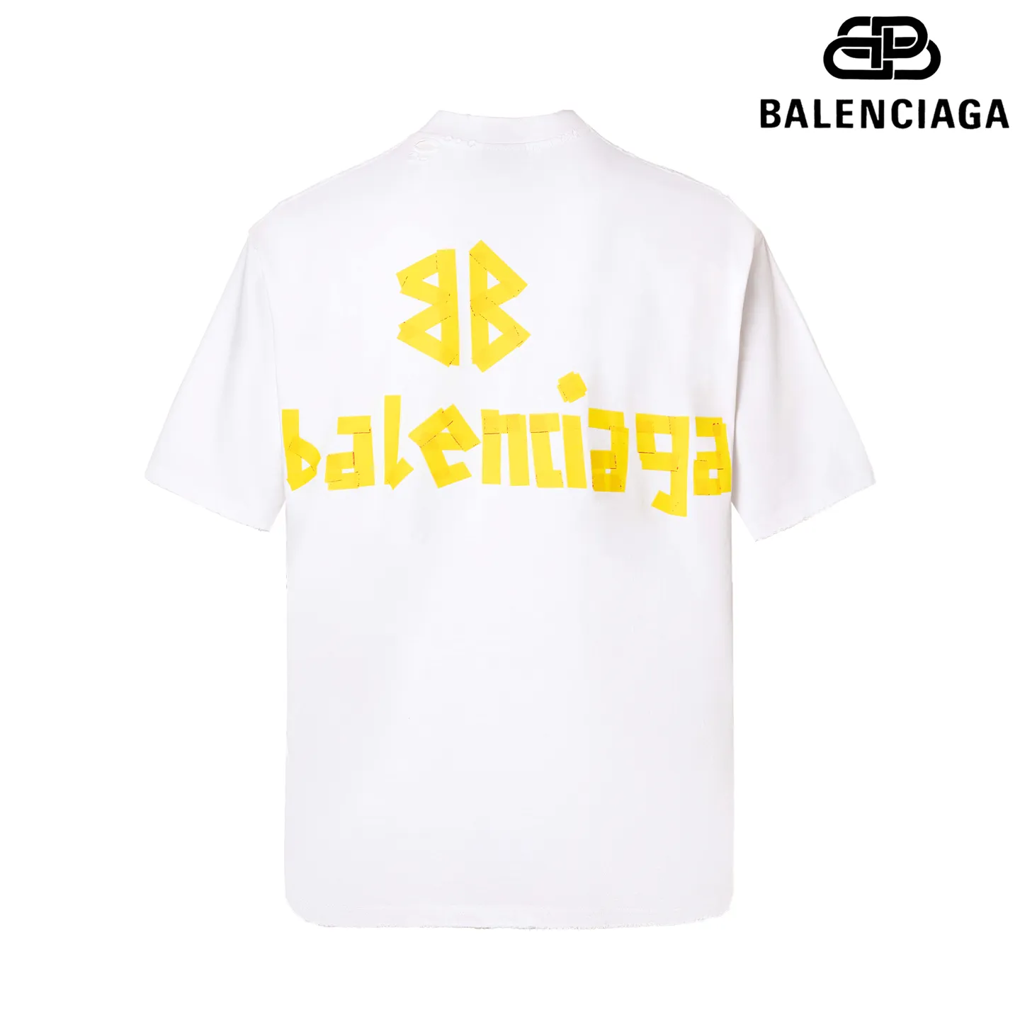 🅿️180 9110# Detailed picture Top version [[BALENCIA*GA] Official website quality Paris new yellow tape bandage digital direct spray short-sleeved T-shirt OS version Loose dropped shoulders Same style for men and women Fabric: 260 grams 100% cotton double yarn Process: Front and rear digital direct spray Garment wash Frayed Distressed Styling Solid color Color: gray blue white washed blue burgundy green black silver Rose Red Khaki Size: XS S M L