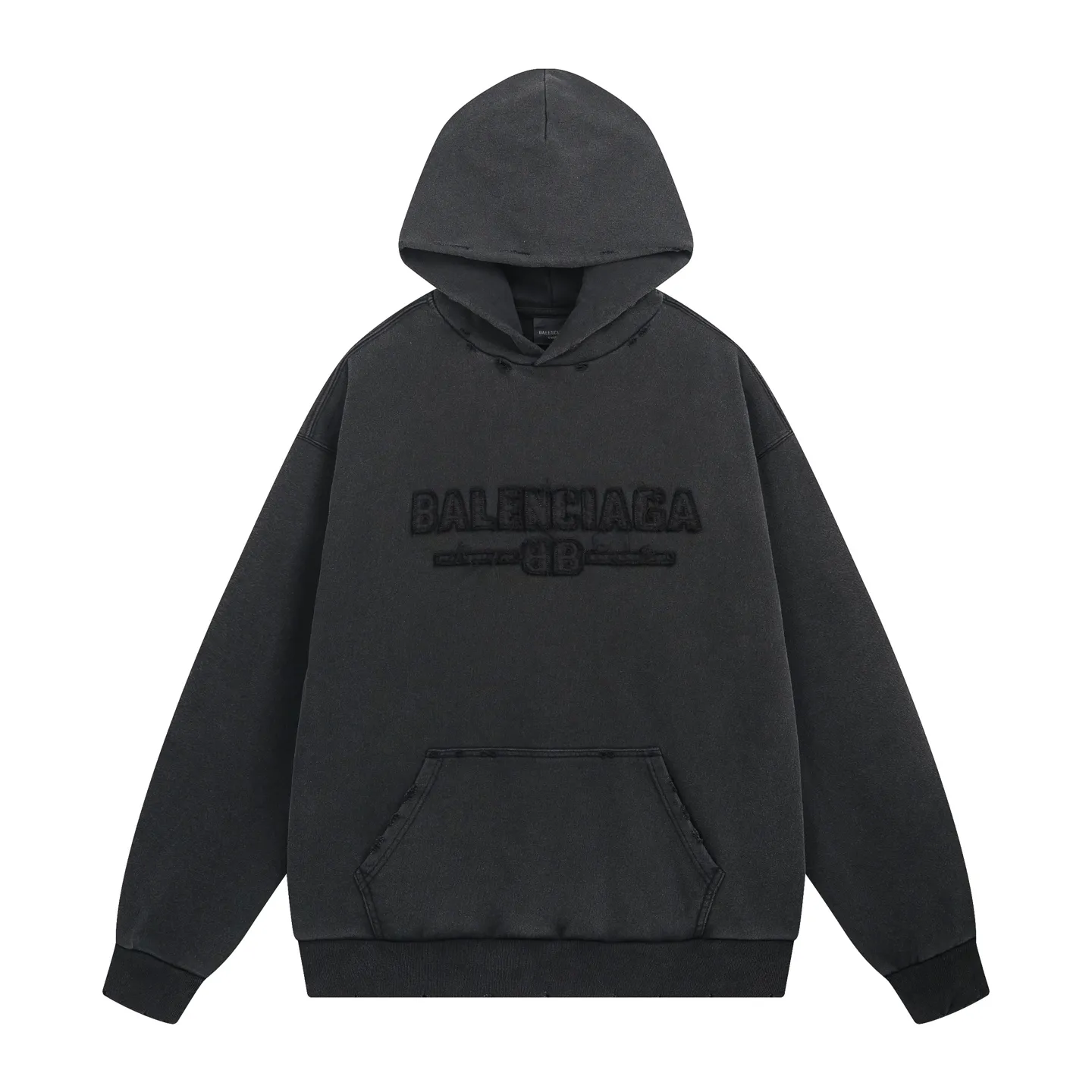 🅿️370 - BALENCI*GA Paris' latest hooded long-sleeved sweatshirt with chest patch with letter LOGO. The classic letter LOGO on the front is patched and embroidered with an imported Tajima embroidery machine. The master manually positions and hand-grinds the fixed points. The ready-made garments are washed, aged and worn. Overweight craftsmanship. The effect is three-dimensional. Exclusively pattern-woven and dyed 460g fabric. Threads are dyed in the same vat with zero color difference. Brick cabinet synchronization. Welcome to compare. Same style for men and women. -Color: washed black -SIZE: Xs S M L style number 8960#