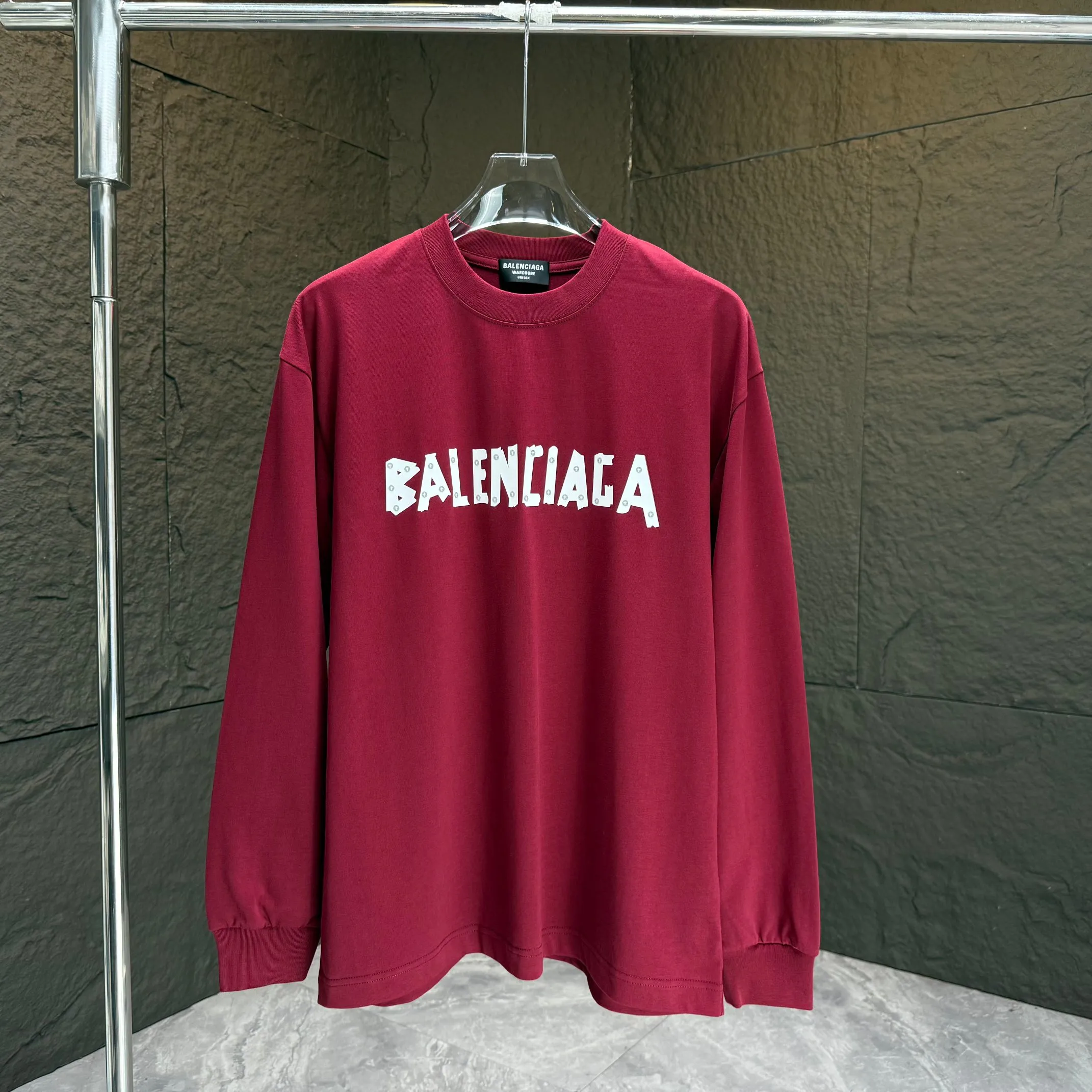🅿️240 BALENC* Paris* 2025 autumn and winter new thick long-sleeved T-shirt 320g pure cotton letter logo three-dimensional silicone Color: Black White Angora Red Size: S M L XL