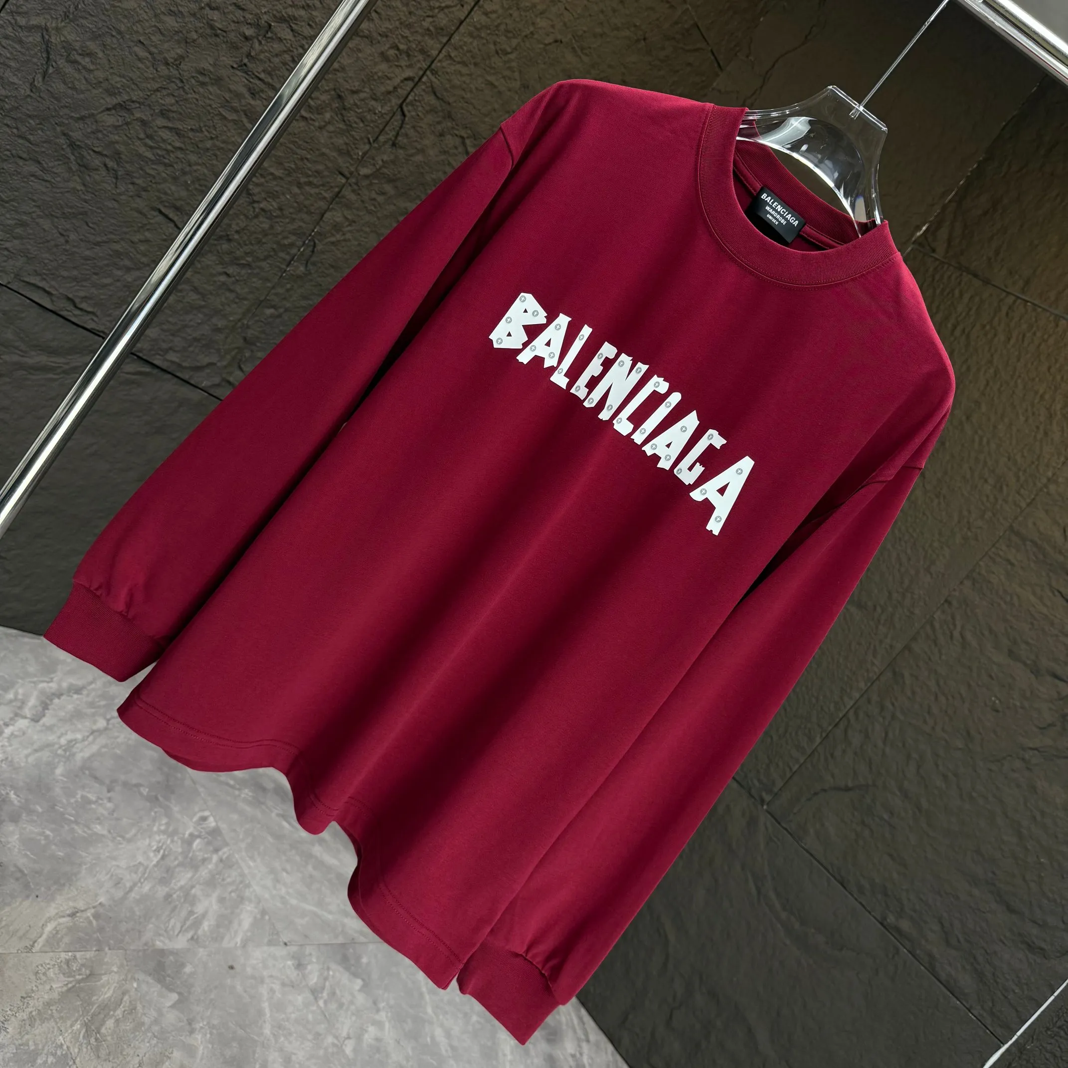 🅿️240 BALENC* Paris* 2025 autumn and winter new thick long-sleeved T-shirt 320g pure cotton letter logo three-dimensional silicone Color: Black White Angora Red Size: S M L XL
