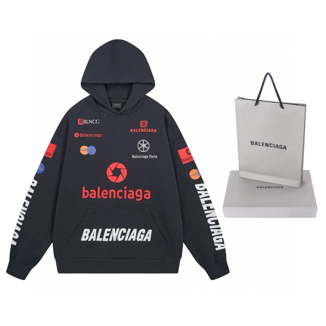 🅿️320 real photos [Top version. Official website quality] BALENCI*GA/Paris BALENCI*GA#2024 latest model, many classic full LOGO racing suits printed ready-to-wear worn hooded sweatshirts and brick cabinets synchronized. Genuine products are developed and developed in the first time. Welcome to compare! The fabric is made of Paris ZP custom-woven and dyed cotton sweatshirt. The weight is 450 grams. The cloth surface is clean. The cloth pattern is clear. It is soft and comfortable. It has good color fastness and is not easy to change color. The threads are woven and dyed with no color difference. The printing is done by computer direct printing, with a three-dimensional effect. The garments are distressed and worn, with ultra-high craftsmanship. The version adopts the OS loose shoulder style. Same style for men and women. Coding: BL238009 Color: white, dark blue gray Size: XS S M L