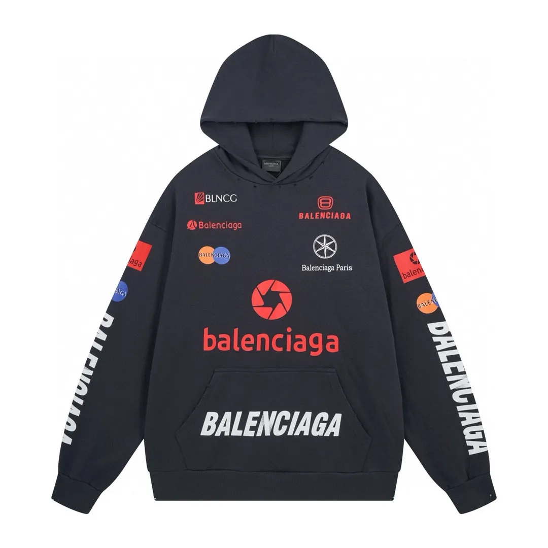 🅿️320 real photos [Top version. Official website quality] BALENCI*GA/Paris BALENCI*GA#2024 latest model, many classic full LOGO racing suits printed ready-to-wear worn hooded sweatshirts and brick cabinets synchronized. Genuine products are developed and developed in the first time. Welcome to compare! The fabric is made of Paris ZP custom-woven and dyed cotton sweatshirt. The weight is 450 grams. The cloth surface is clean. The cloth pattern is clear. It is soft and comfortable. It has good color fastness and is not easy to change color. The threads are woven and dyed with no color difference. The printing is done by computer direct printing, with a three-dimensional effect. The garments are distressed and worn, with ultra-high craftsmanship. The version adopts the OS loose shoulder style. Same style for men and women. Coding: BL238009 Color: white, dark blue gray Size: XS S M L