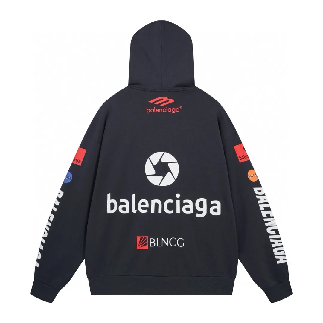 🅿️320 real photos [Top version. Official website quality] BALENCI*GA/Paris BALENCI*GA#2024 latest model, many classic full LOGO racing suits printed ready-to-wear worn hooded sweatshirts and brick cabinets synchronized. Genuine products are developed and developed in the first time. Welcome to compare! The fabric is made of Paris ZP custom-woven and dyed cotton sweatshirt. The weight is 450 grams. The cloth surface is clean. The cloth pattern is clear. It is soft and comfortable. It has good color fastness and is not easy to change color. The threads are woven and dyed with no color difference. The printing is done by computer direct printing, with a three-dimensional effect. The garments are distressed and worn, with ultra-high craftsmanship. The version adopts the OS loose shoulder style. Same style for men and women. Coding: BL238009 Color: white, dark blue gray Size: XS S M L