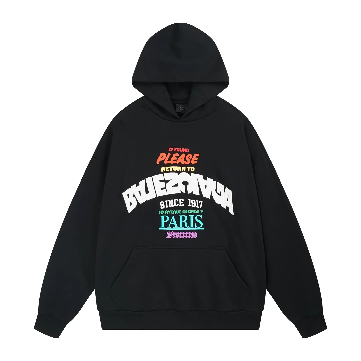 🅿️320 photos [Top version. Official website quality] BALENCI*GA/Paris.SS25 latest color printed + embroidered hooded sweatshirt. The front embroidery is embroidered with Tajima computer embroidery machine and imported rubber paddle printing, and the brick cabinet is synchronized. It is developed at the first time and the fabric is made of Paris ZP custom-woven and dyed cotton sweatshirt. Weight 460 grams. The cloth surface is clean. The cloth pattern is clear, soft and comfortable. The threads are dyed with no color difference. The printing uses environmentally friendly imported materials, the letters are clear and the effect is three-dimensional. The version adopts OS loose shoulder design. Same style for men and women. Code: BL259953 Color: Black Size: XS S M L